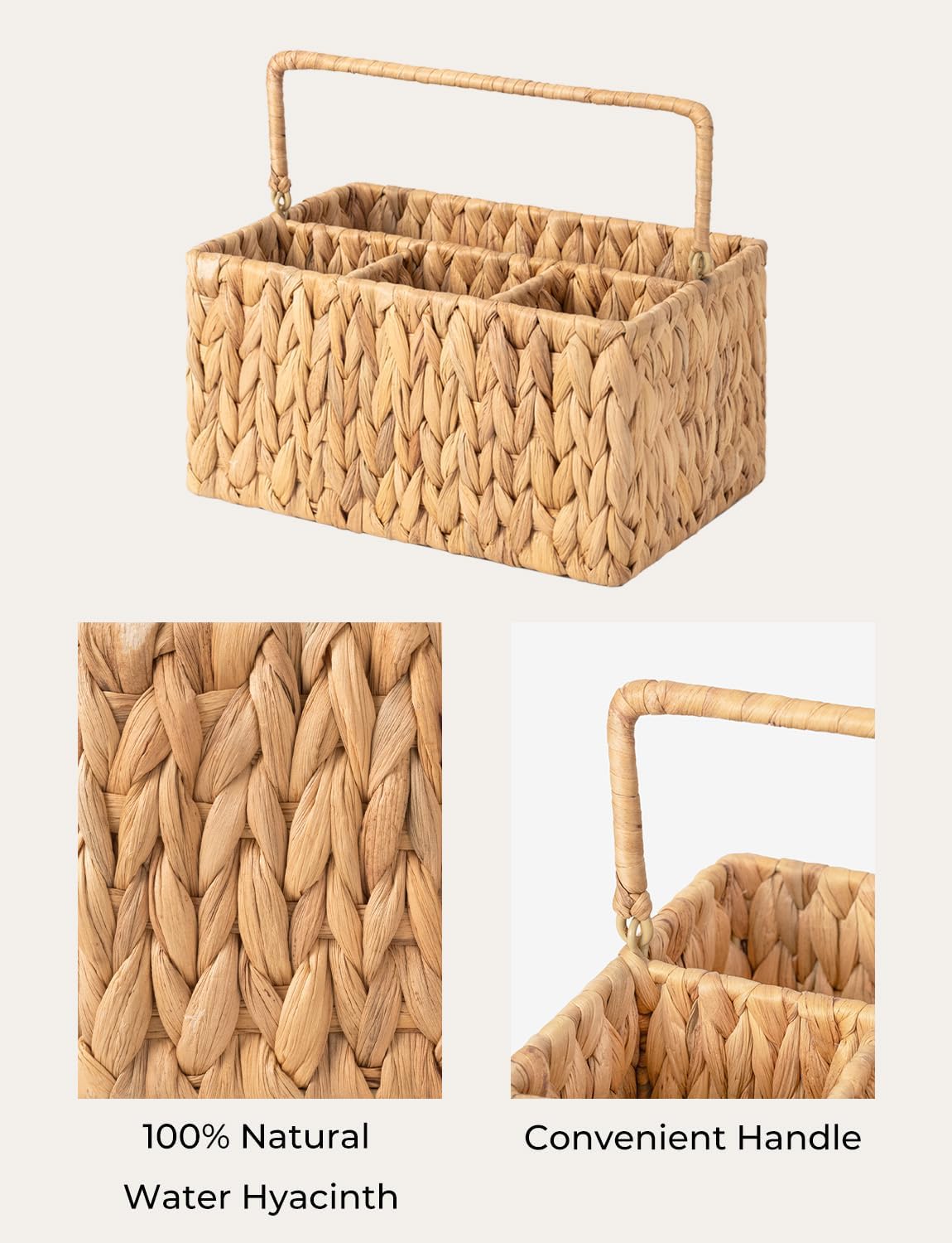 StorageWorks Hand-Woven Wicker Silverware Organizer - Stylish Water Hyacinth Cutlery Holder with Handle