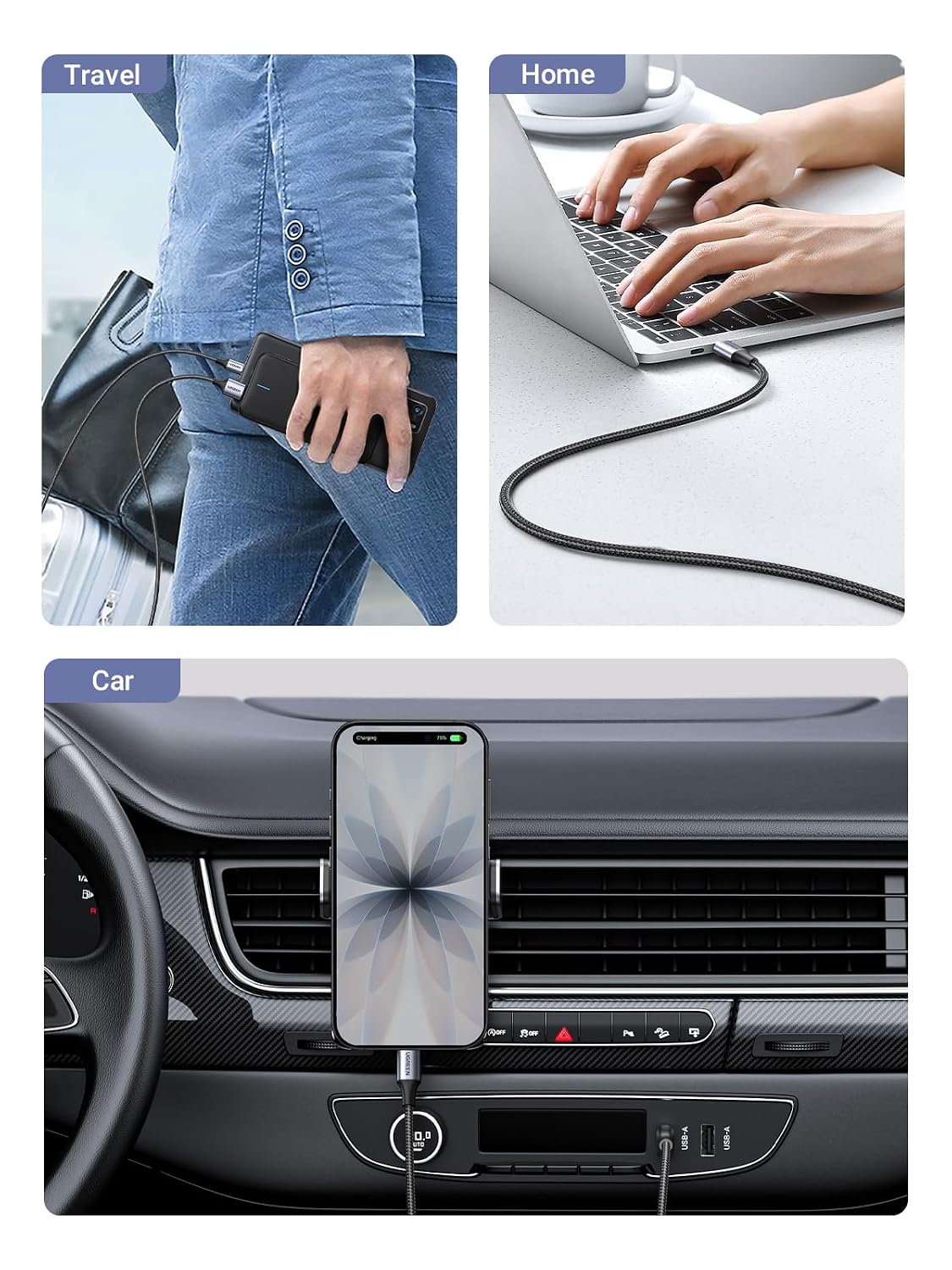 3-Pack 17/16 Plus/16 Pro/15, S26/S25, 10/9, 6.6FT UGREEN USB to USB C Cable, Car Carplay Cable USB A to Type C Cable