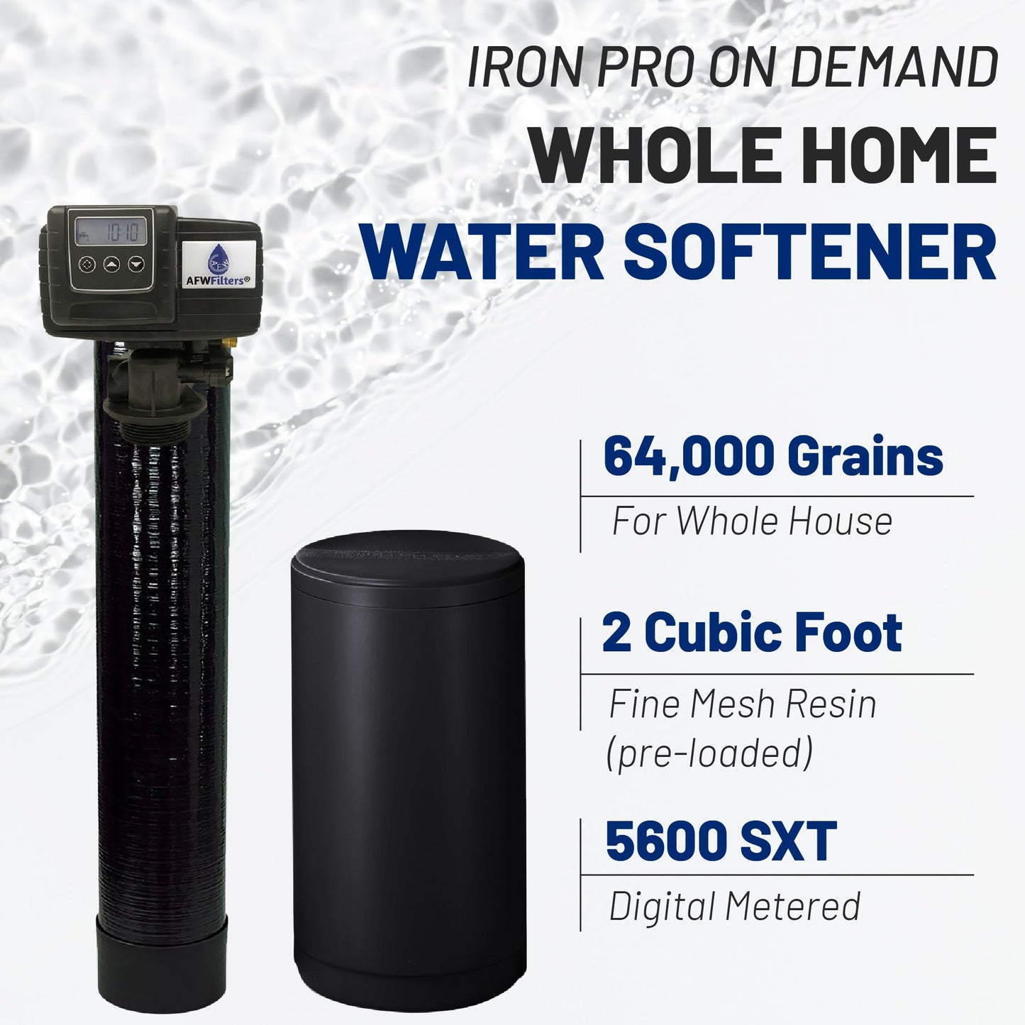 AFWFilters Iron Pro 2 Combination Water Softener Iron Filter Fleck 5600SXT Digital Metered Valve 64,000 Grain - High Flow for Whole House Use - Removes Hardness, Iron, Manganese, Sediment, Rust