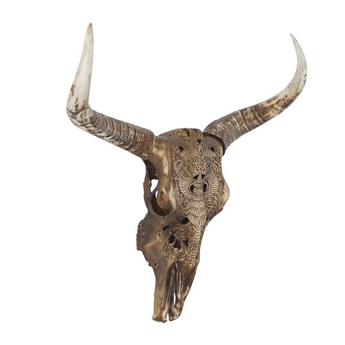 Deco 79 Polystone Cow Home Wall Decor Carved Skull Wall Sculpture, Wall Art 28" x 7" x 30", Bronze