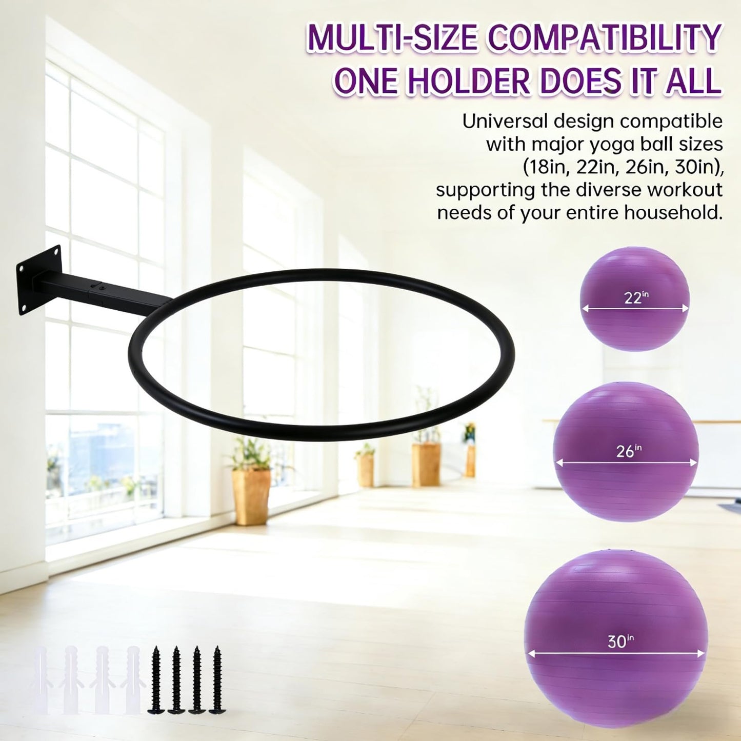 MEIPMQZ Yoga Ball Wall Mount, Exercise Ball Holder Stability Ball Holder for Yoga Balls in Home Gym or Studio(Round -1 Black)