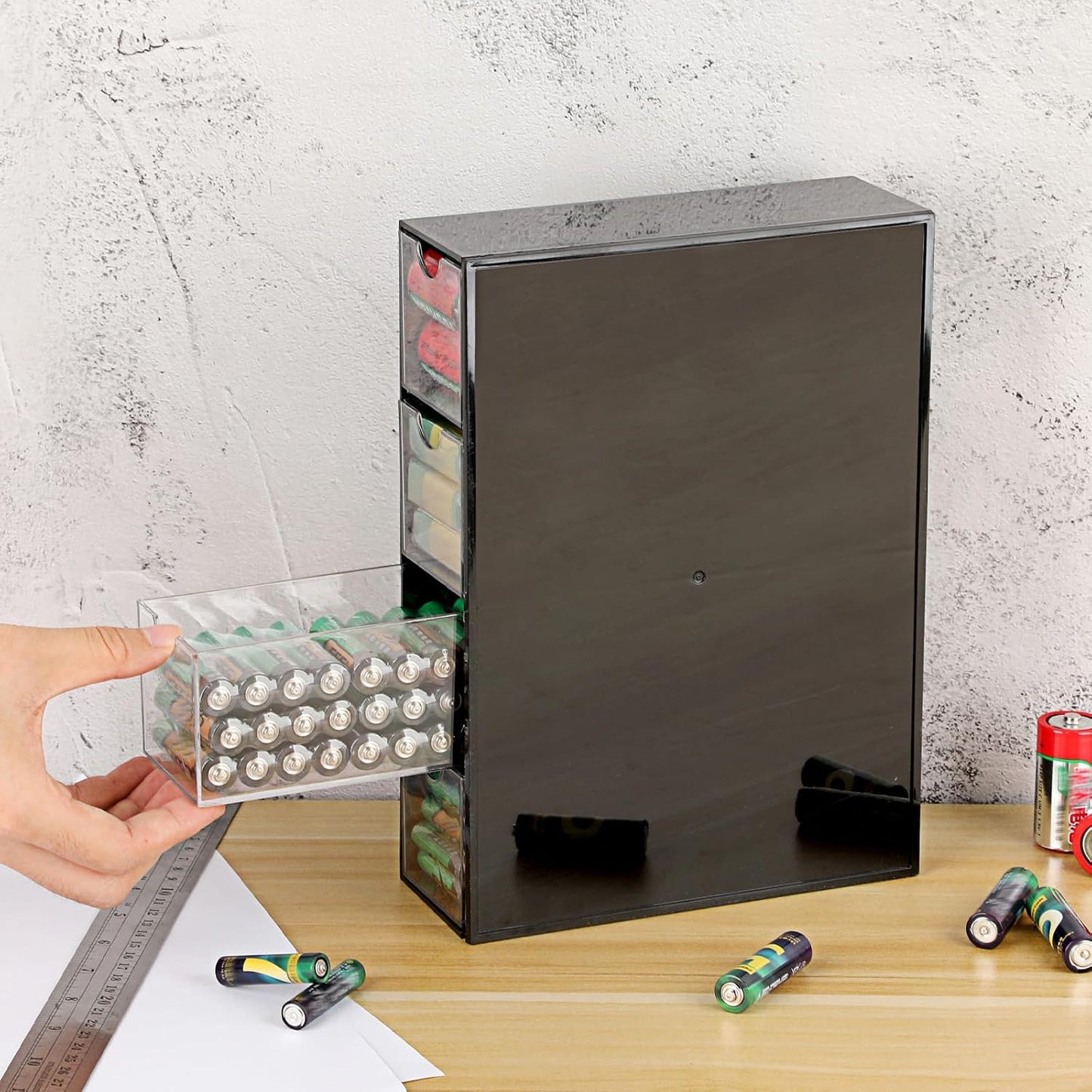 1 Pack 9V, 4-Drawer Common BTSKY Black Acrylic Battery Storage Organizer for AA, AAA, C Batteries, Storage Box Battery