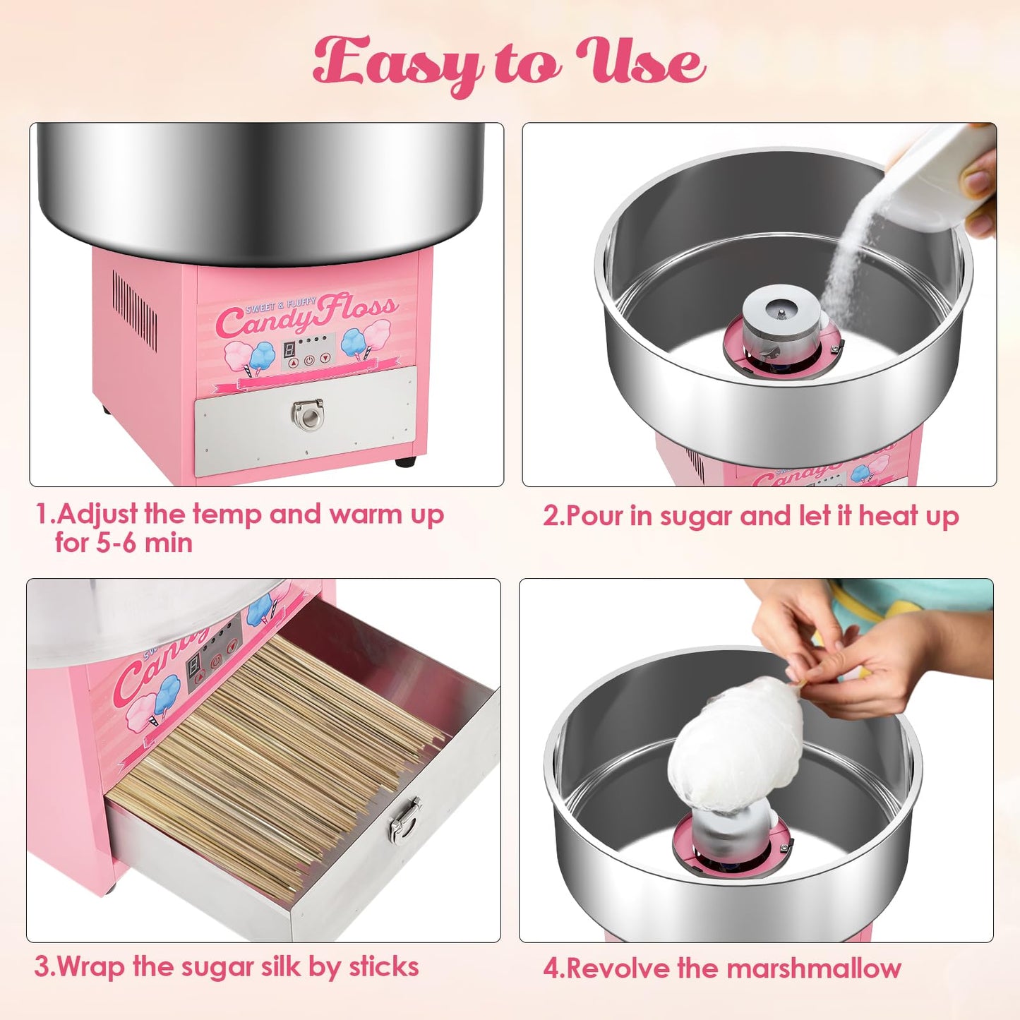 Electric Candy Cotton Machine for Kids Commercial Candy Cotton Maker with 20 Inch Stainless Steel Bowl Party Home Festival Pink