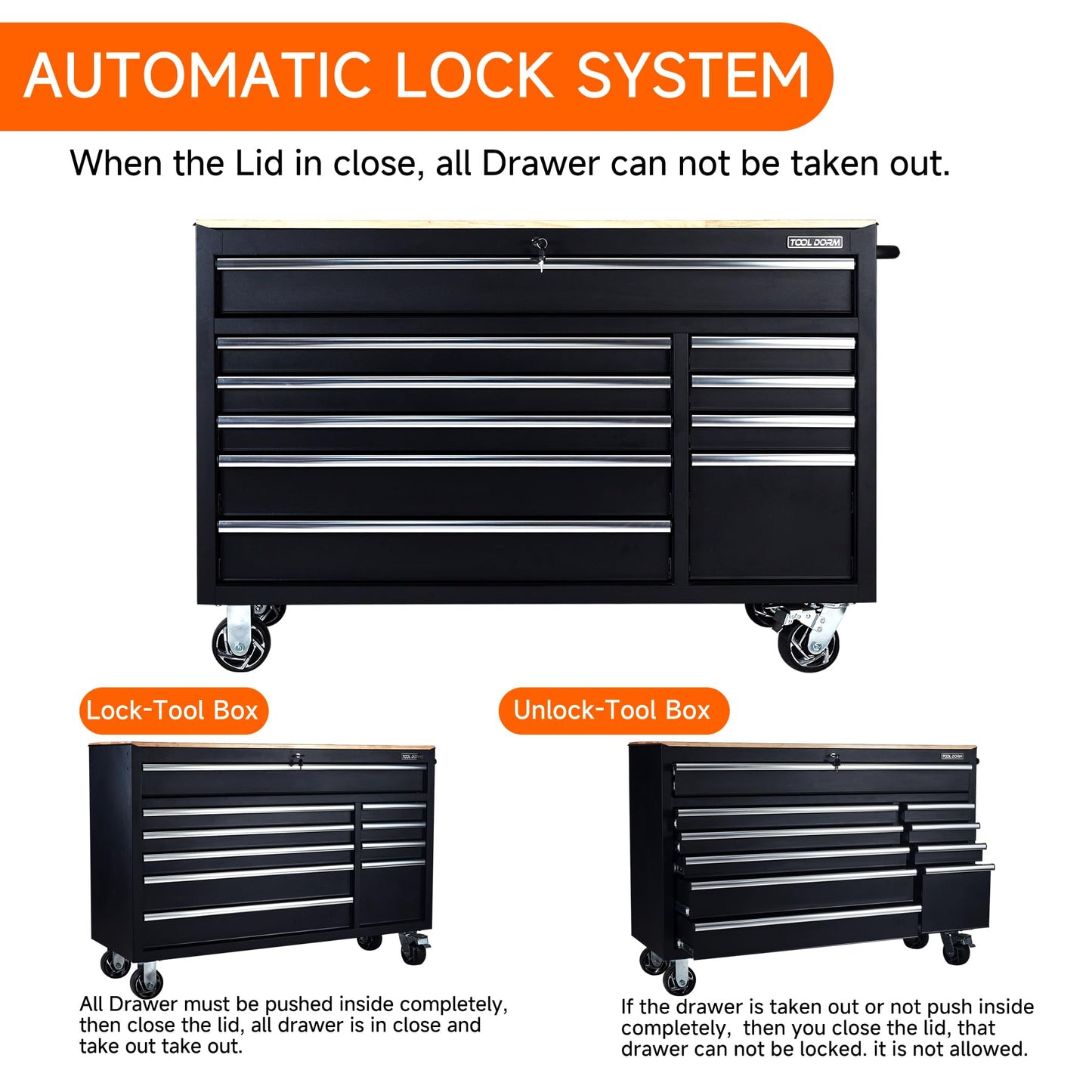 TOOL DORM Rolling Large Tool Chest 56-Inch 10 Drawers, Big Tool Chest with Drawers, Workbench with Wooden Top and Power Strip, Rolling Toolbox with Drawers and Locking System, Black