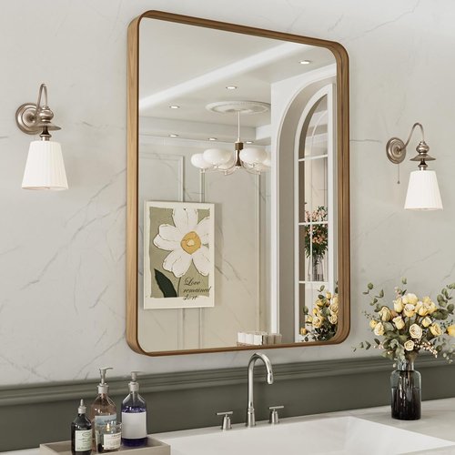 LOAAO Bathroom Mirror - 22X30 Inch Rounded Rectangle Design with Wood Grain Metal Frame | Anti-Rust, Versatile Hanging Options