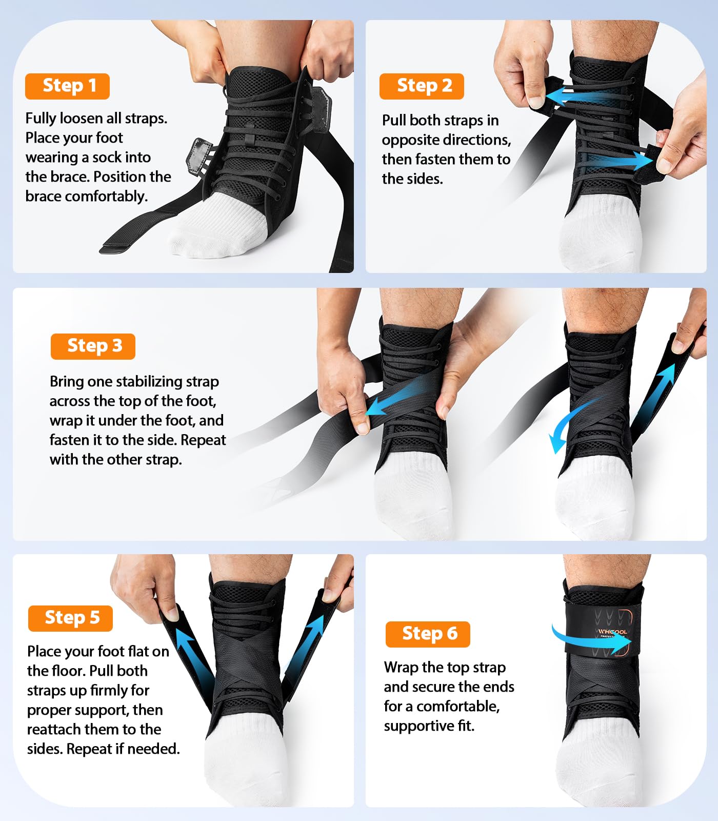 WHCOOL Slim-Fit Ankle Brace for Sprained Ankle, Quick Lace Up Ankle Support for Women Men with 2 Auto-Shaped Pads, Air Fabric Cool Ankle Stabilizer for Injury Recover, Running,Sports, M(12”-13”)