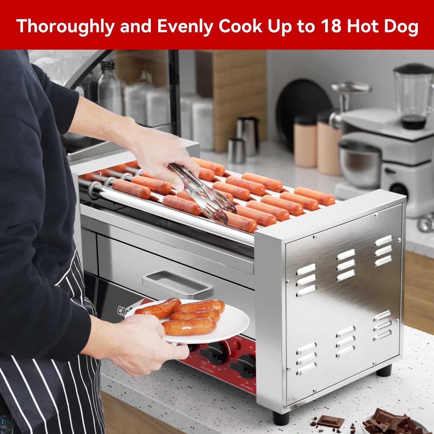 CROSSON Hot Dog 7 Roller with Bun Warmer,Commercial 7 Nonstick 304 Roller Grill Cooker Machine-120V, 1350W