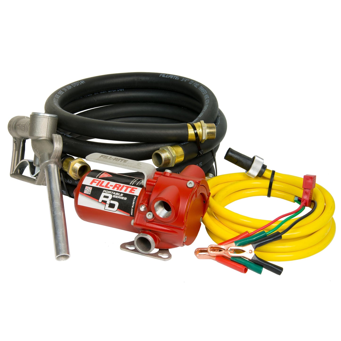 Fill-Rite RD812NH 12V 8 GPM Portable Fuel Transfer Pump w/Discharge Hose, Manual Nozzle, Power Cable/Clips, & Suction Hose