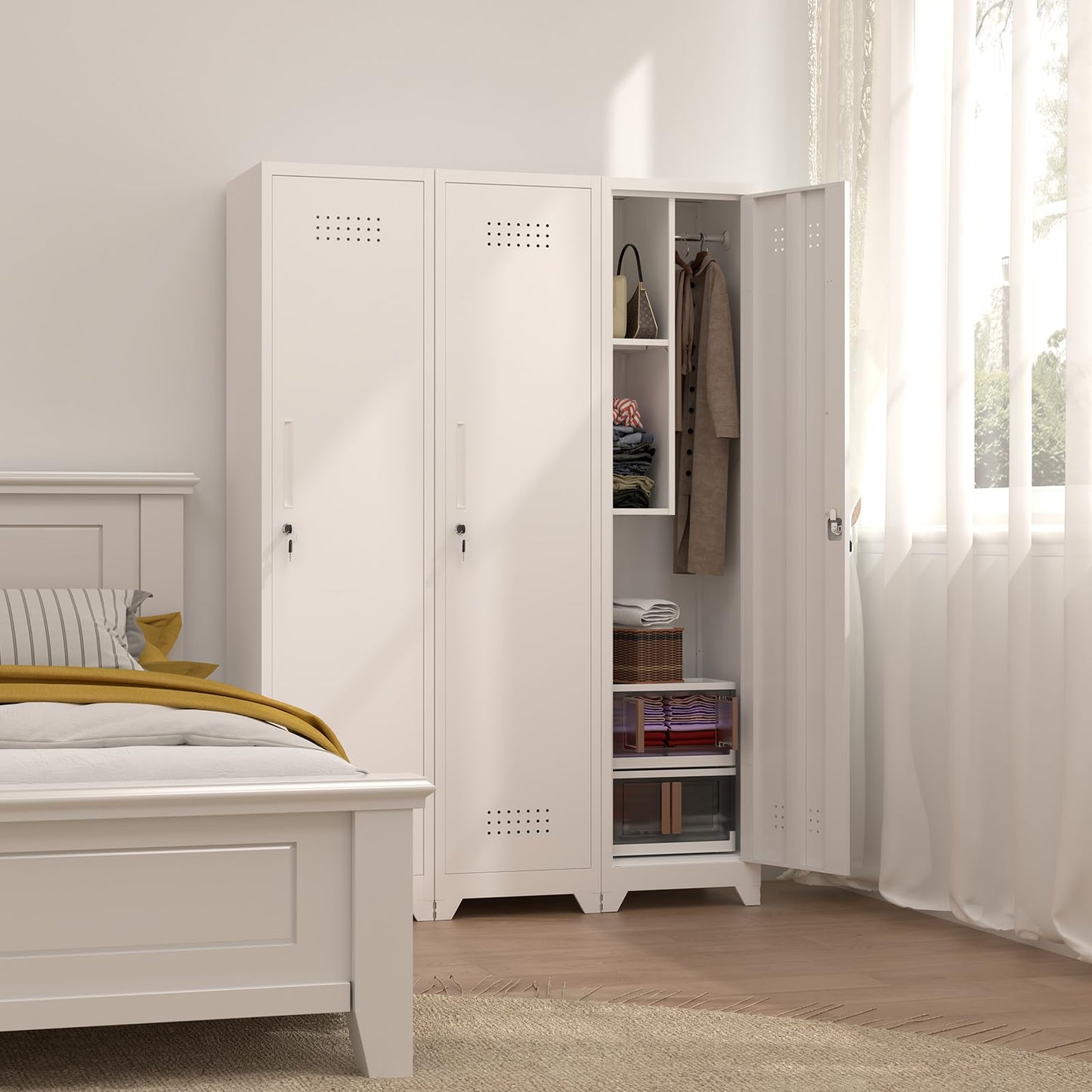 FATIGOS Slim Broom Closet Storage Cabinet, 65" H Metal Cabinets with Lock and Shelves & S-Hooks, Utility Closet, Narrow Storage Cabinets for Home Office, Pantry, Bathroom, Garage, White