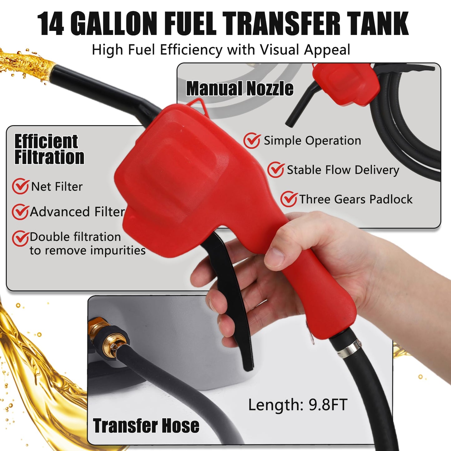 Garvee 15 gal Gas Can, Fuel Caddy with Pump, Fuel Transfer Tanks with 10 ft Delivery Hose Diesel Fuel Can for Cars, Lawn Mowers, Boats,Medium, Gray