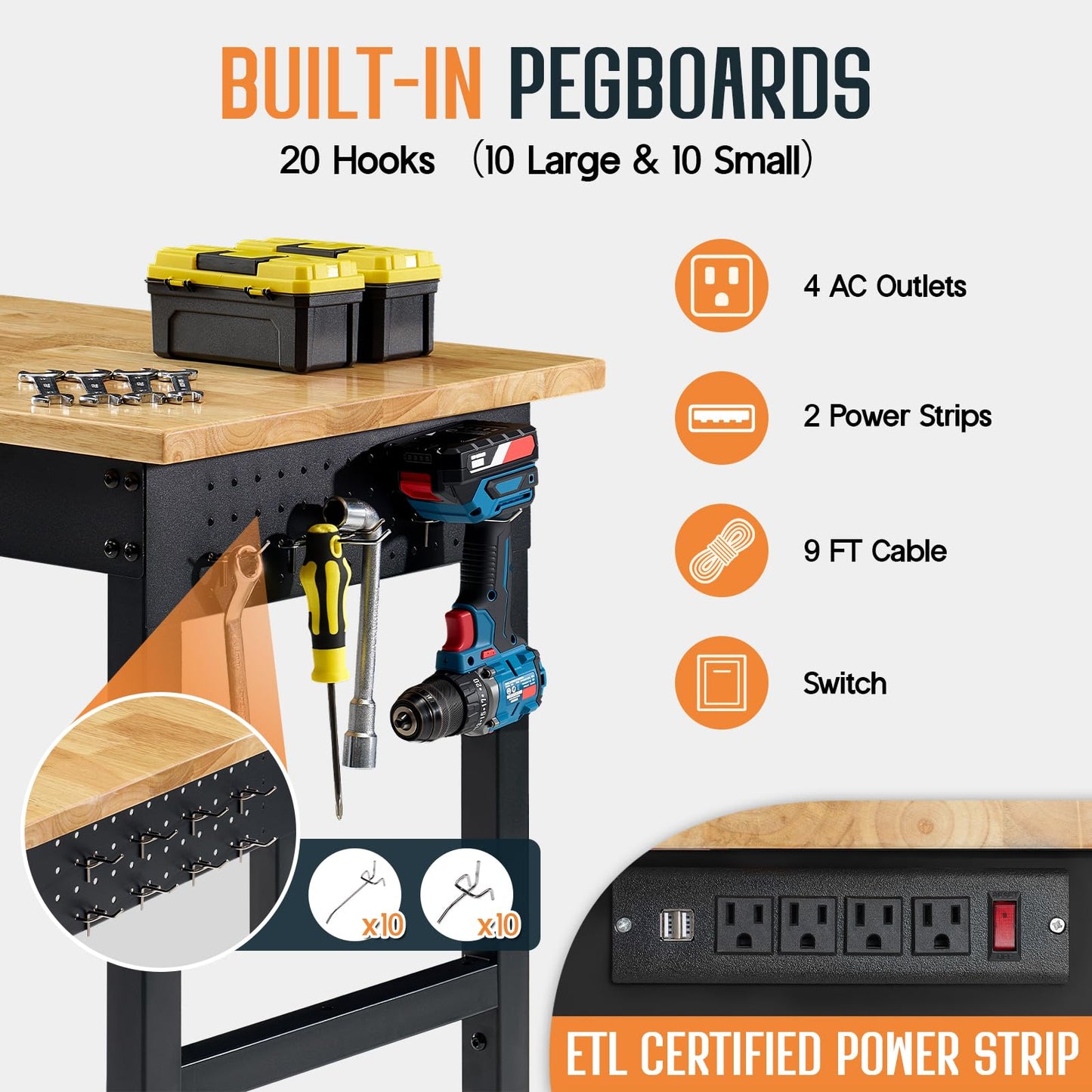SPECRAFT 96" Adjustable Heavy Duty Workbench with 4 AC Outlet and 2 USB Ports Power Outlets, 6000 Lbs Capacity, Rubber Wood Top for Garage, Workshop, Office