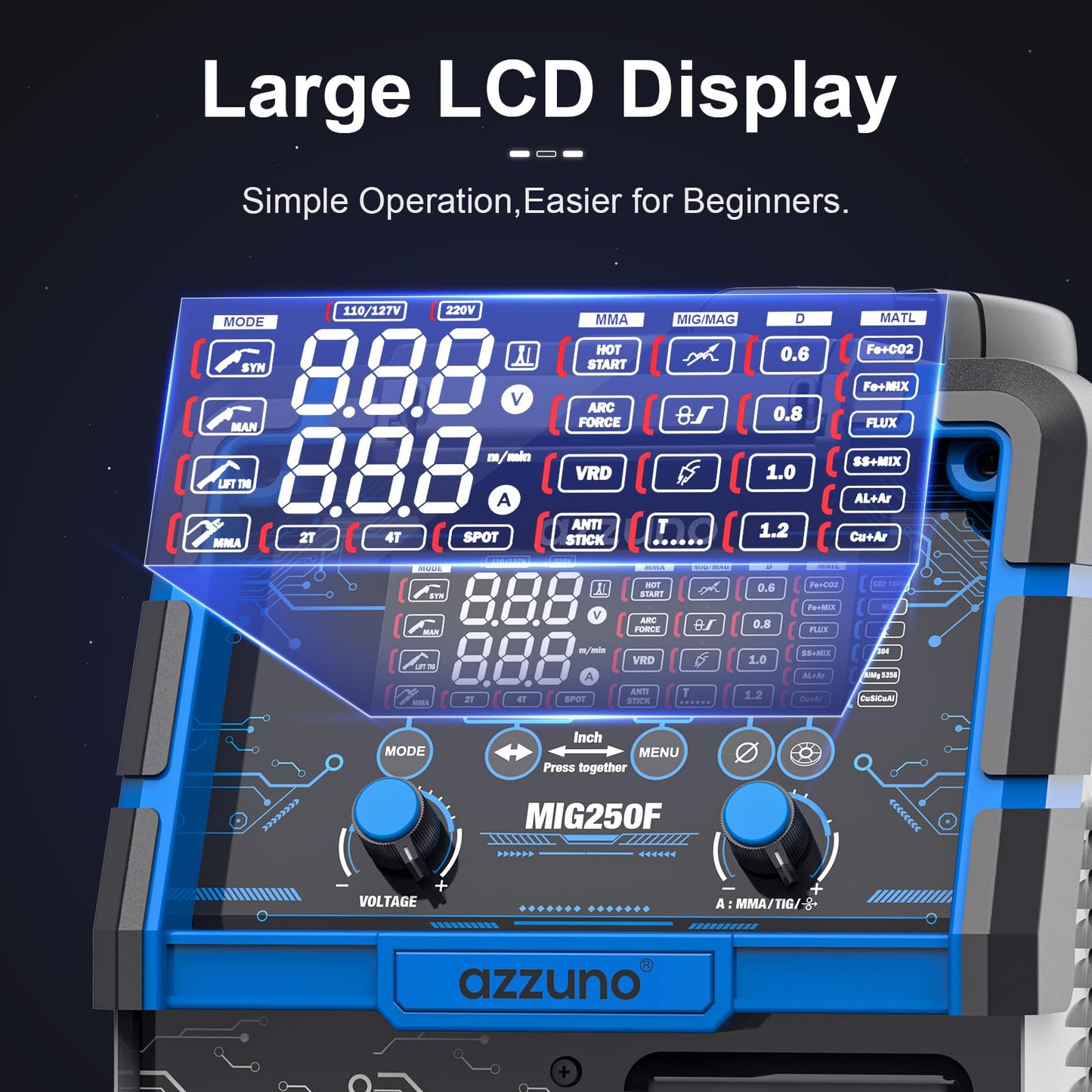 AZZUNO Aluminum 250A MIG Welder & .030" 2LBS Solid MIG Welding Wire, 6 in 1 Gas MIG/Gasless Flux Core/Stick/Lift TIG/Spot Welding/Spool Gun Compatible Welding Machine 110V/220V Large LED Display Multi