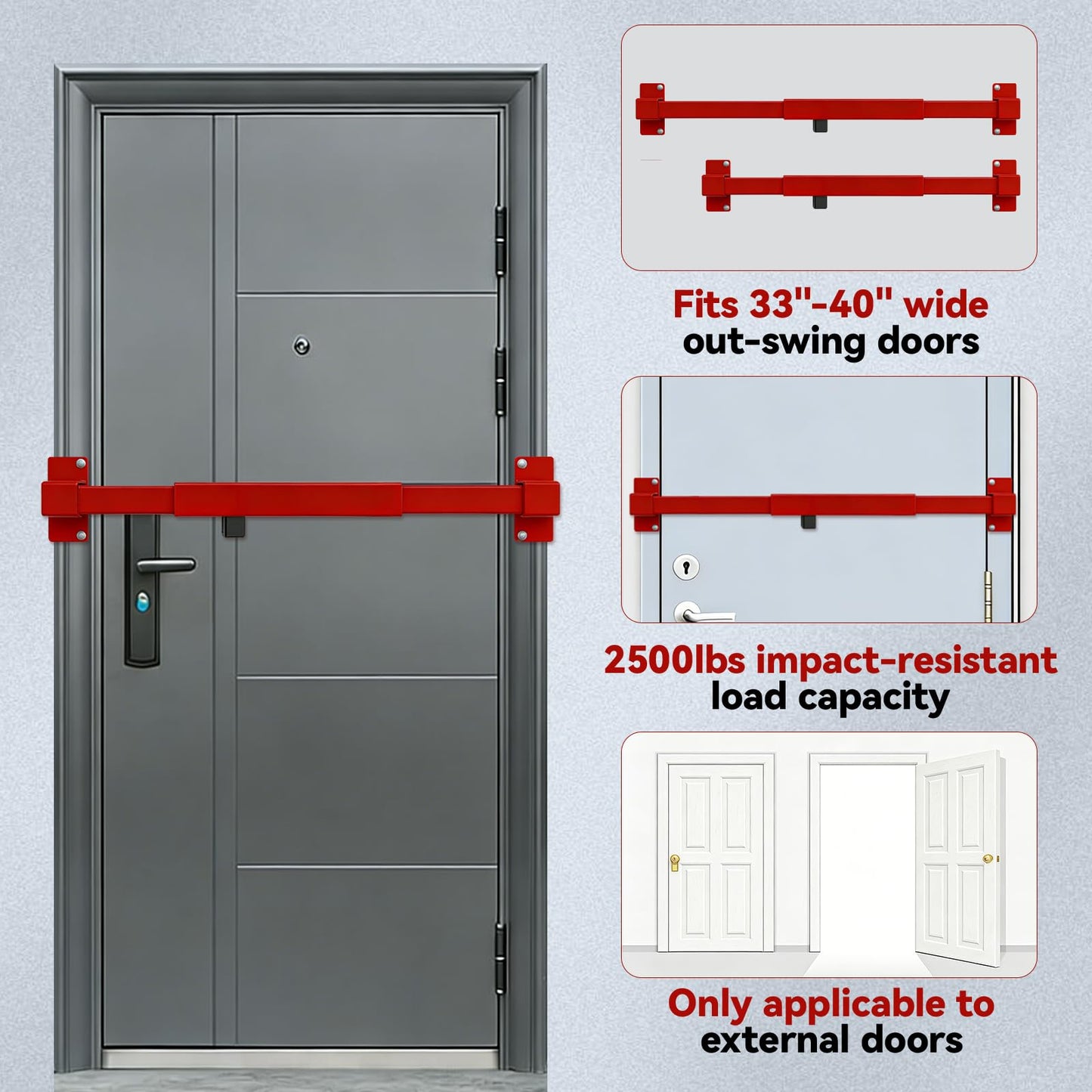 Door Security Bar for Outward Opening Doors, 2500 LBS Resistance, Combination Lock, Adjustable 33"-40" Width, Heavy Duty Safety Door Blocker for Jobsite, Office, Commercial Use
