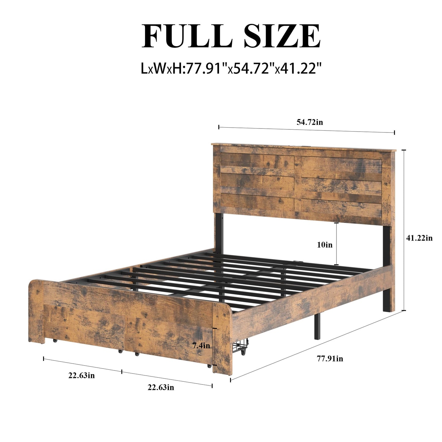 GDFStudio Full Size Industrial Bed Frame with Storage Headboard, Wood & Metal Platform Bed, USB Charging Station, Noise-Free Support, Easy Assembly Bedroom Furniture, No Box Spring Needed
