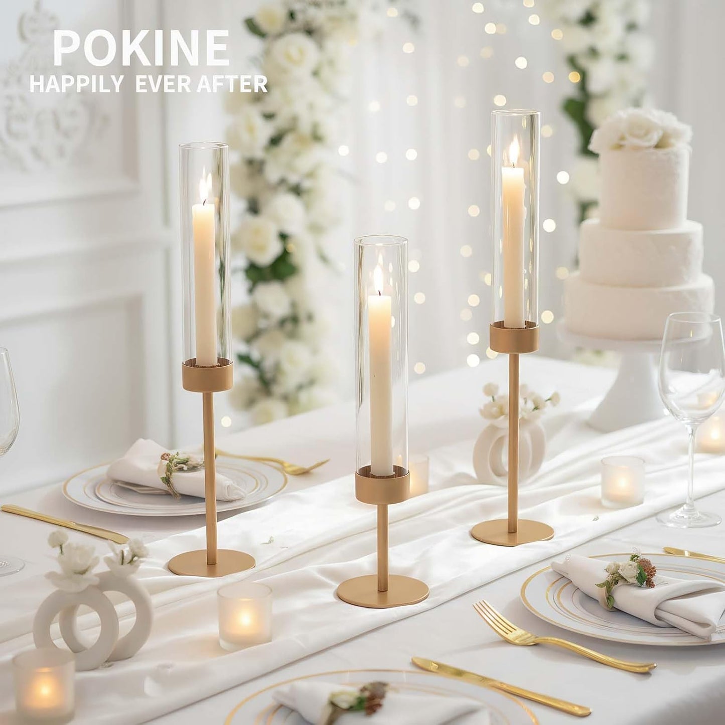 POKINE Tall Candle Holders - Set of 3 Hurricane Glass Taper Holders for Weddings & Parties