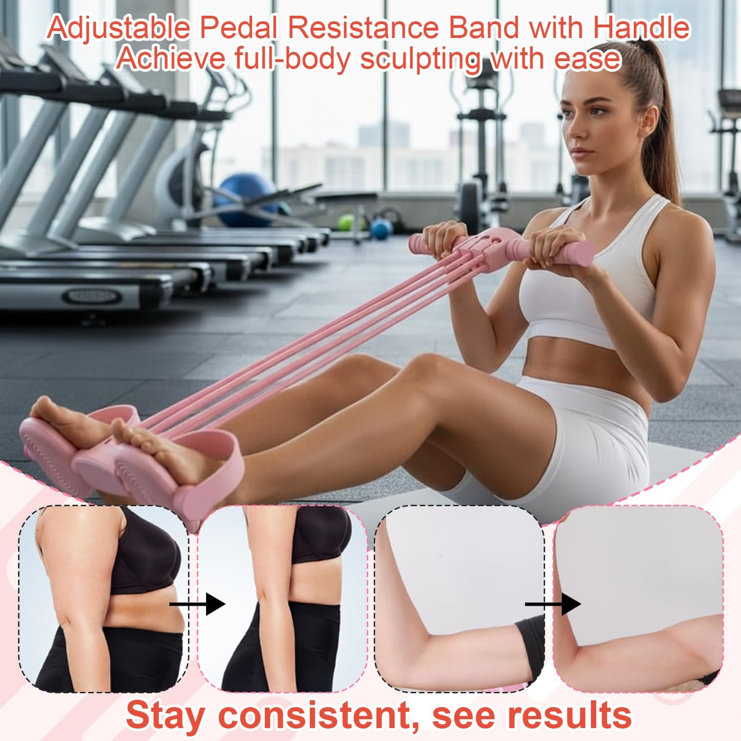 Pedal Resistance Band with Handle, Adjustable 6-Tube Foot Pedal Resistance Band, Multifunction Fitness Bands for Full Body Workout, Home Fitness Training for Abdomen, Arms, Legs & Waist