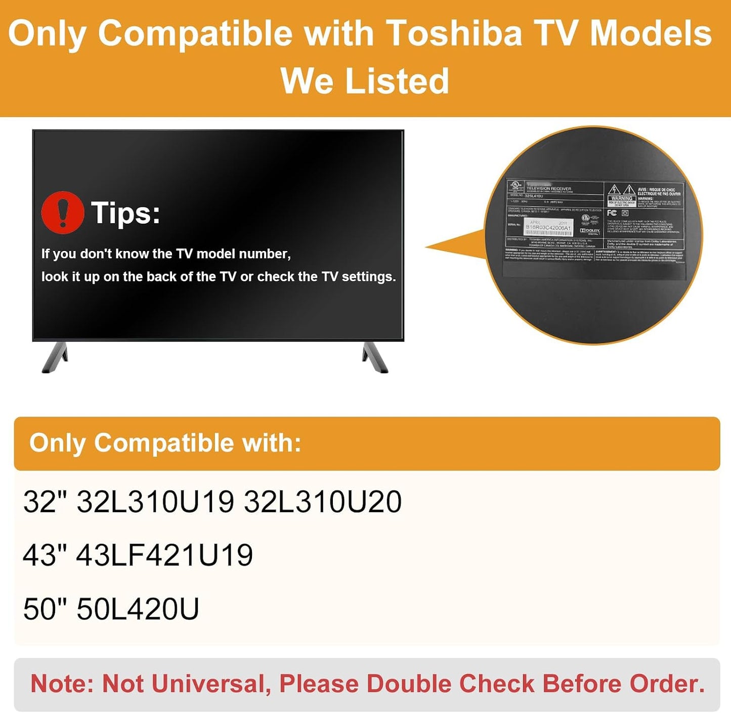 Motiexic 32L310U19 32L310U20 43LF421U19 50L420U, 32" 43" 50" Set, TV Legs for Toshiba TV Stand Base Replacement, Only