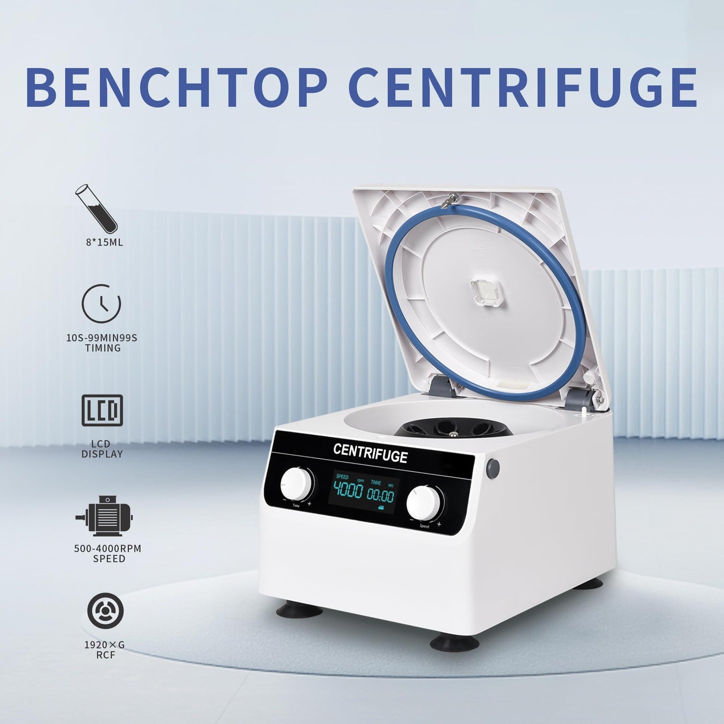 LACHOI Centrifuge Machine 8x10ml/15ml Lab Benchtop Centrifuge 500-4000RPM 1920×g RCF Timing 10s-99min99s LCD Digital Desktop Centrifuge for Laboratory/University/Industry/Environmental Protection