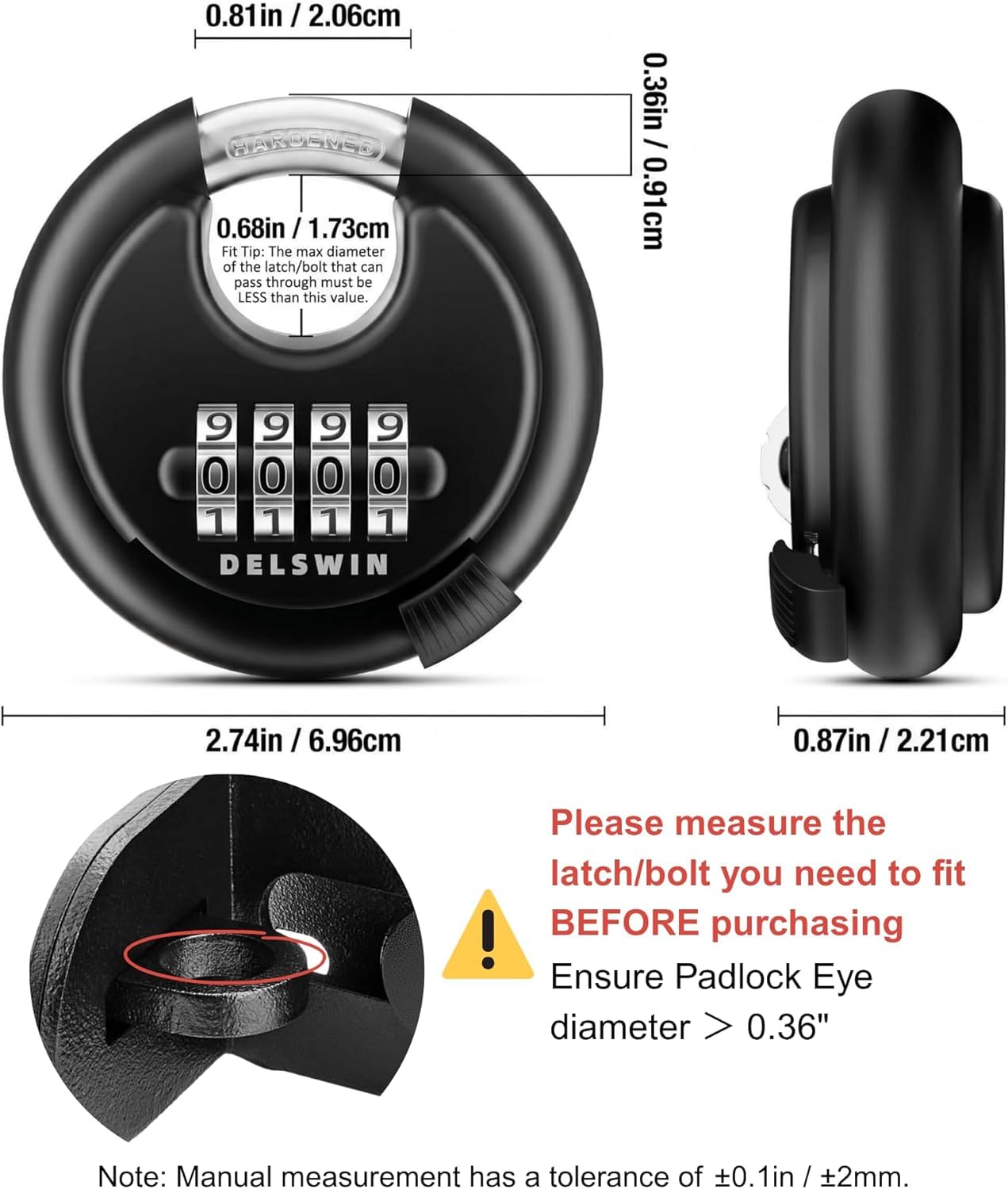 DELSWIN 4 Digit Combination Disc Padlock with Hardened Steel Shackle Combo Lock for Sheds, Storage Unit, School Gym Locker and Fence (Black,1Pcs)
