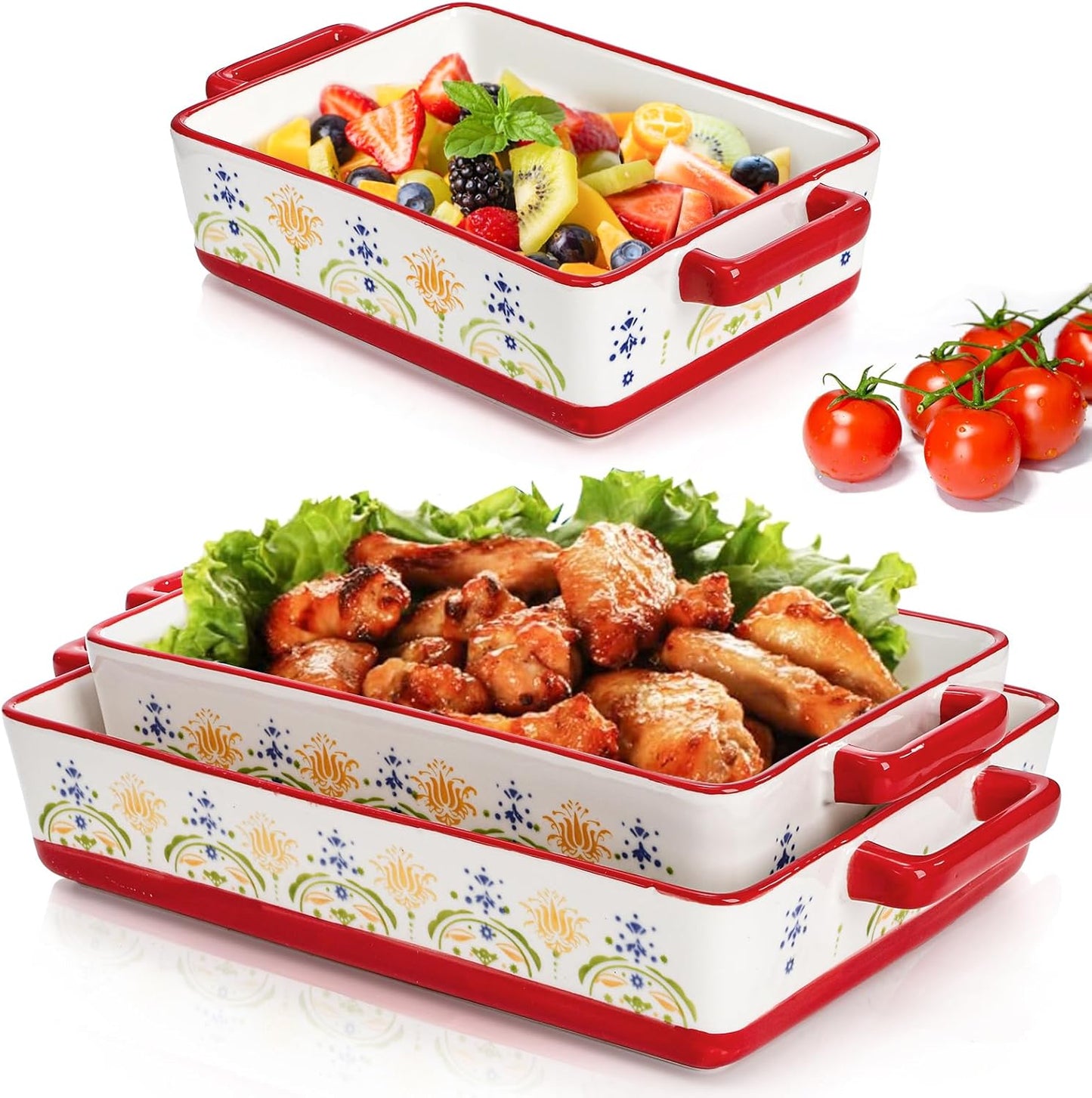 WRINGKIT Ceramic Baking Dishes Set - Rectangular Casserole Dish with Handles | 3 Sizes (12''/10.7''/7.7'') in Red