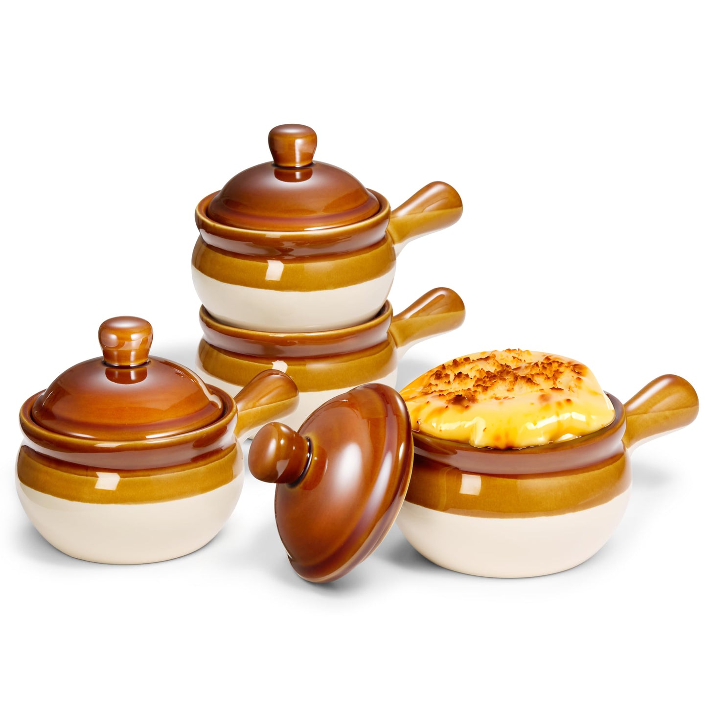 KooK French Onion Soup Crocks, Ceramic Bowls with Lids, Large Handles, Oven & Microwave Safe, Brown/White, Set of 4, 15 oz