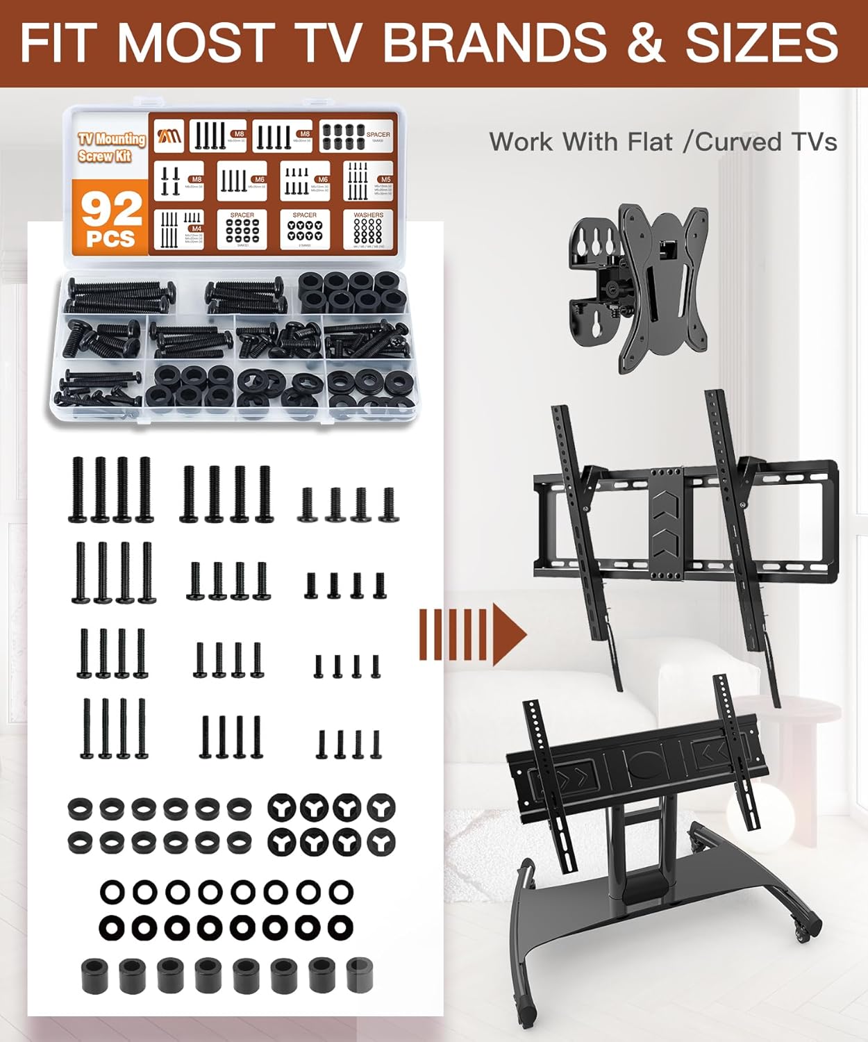 Solid As Mountain 92PCS Set M4 M5 M6 M8 80", Universal TV Mounting Hardware Screw Kit - Screws, Spacers and Washers