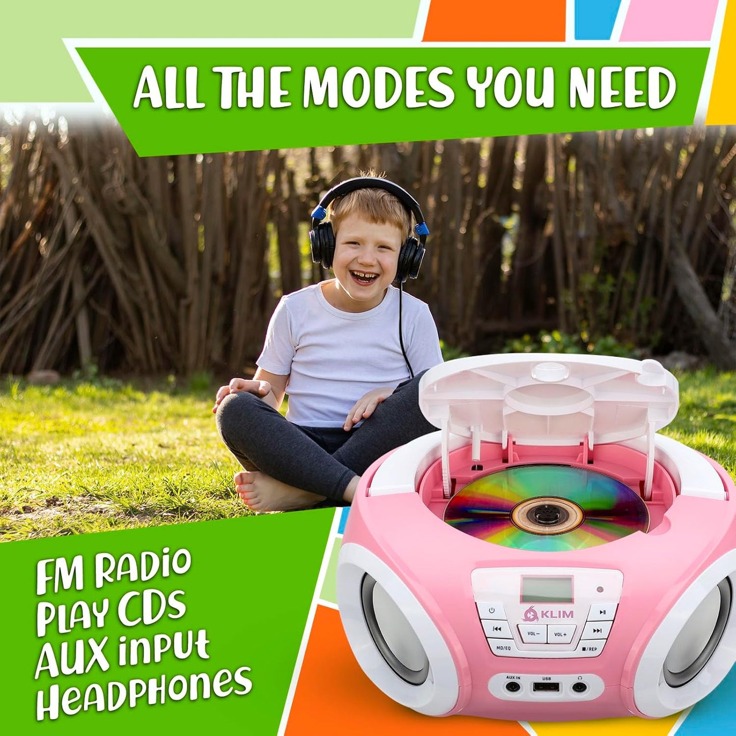 KLIM Candy Kids Portable CD Player New Version Boombox with FM Radio & Speakers Includes Batteries Cute Pink Design