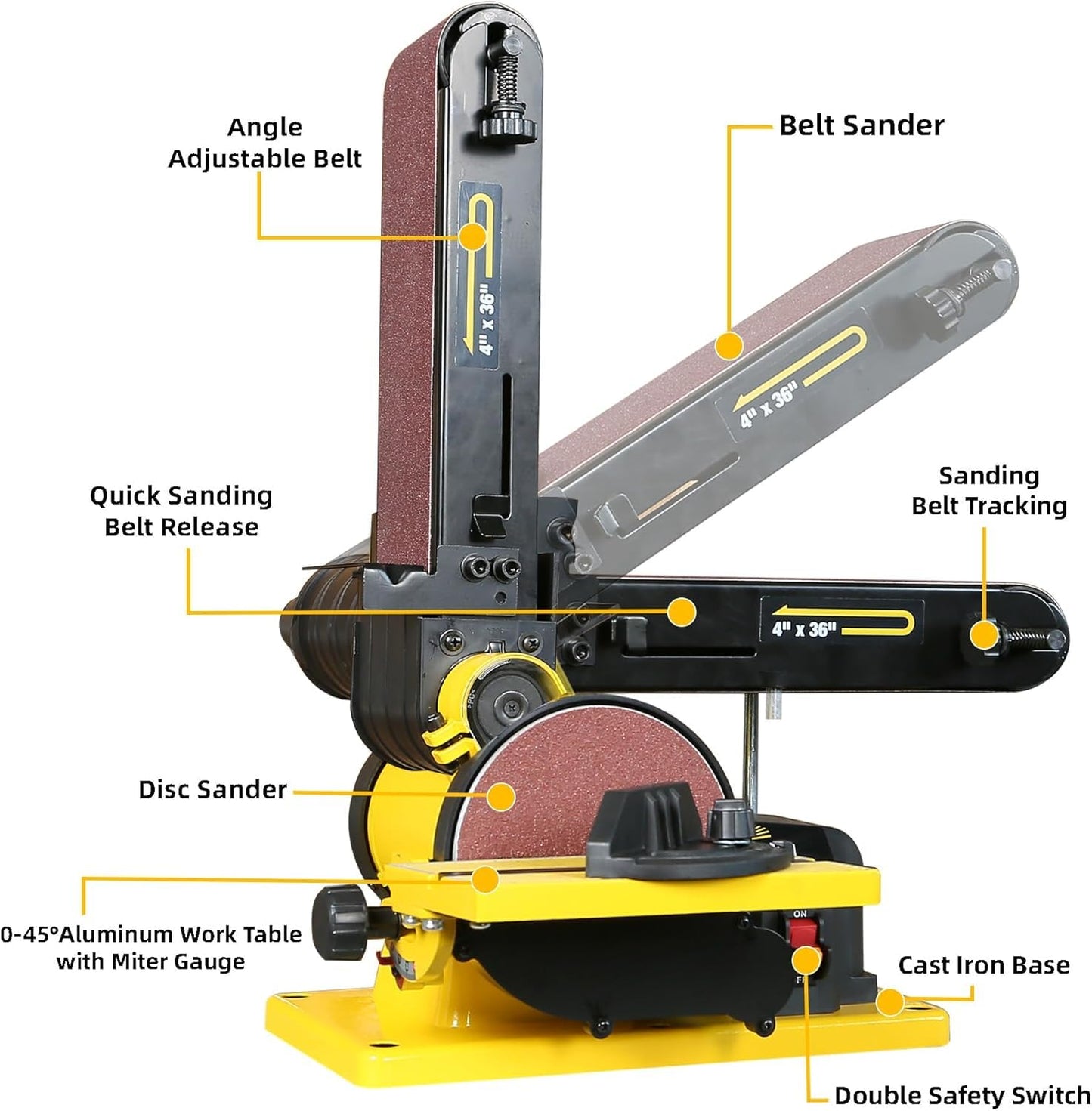 Woodskil 4.3A Belt Sander, 4 x 36 in. Belt & 6 in. Disc Sander, Double Dust Exhaust Port, Steel Base, 2Pcs Sandpapers Included