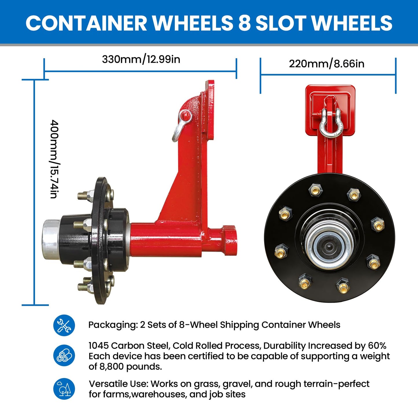 2-Pack 8-Lug Container Wheel Kit Heavy Duty Shipping Container Axles with Ratchet Tie Down, Red Container Moving Wheels for 20ft 40ft Shipping Container