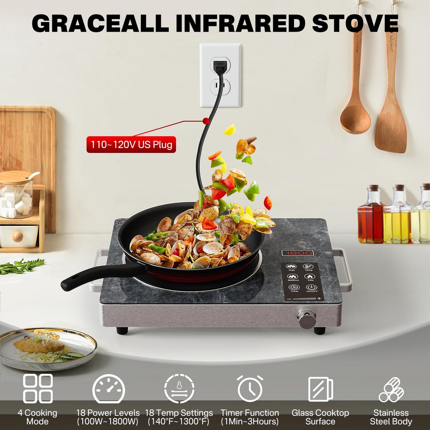 GRACEALL Single Burner Electric Cooktop, Portable Infrared Hot Plate, Countertop Electric Stove, Touch & Knob Control, Temperature Adjustable, Portable-Marble