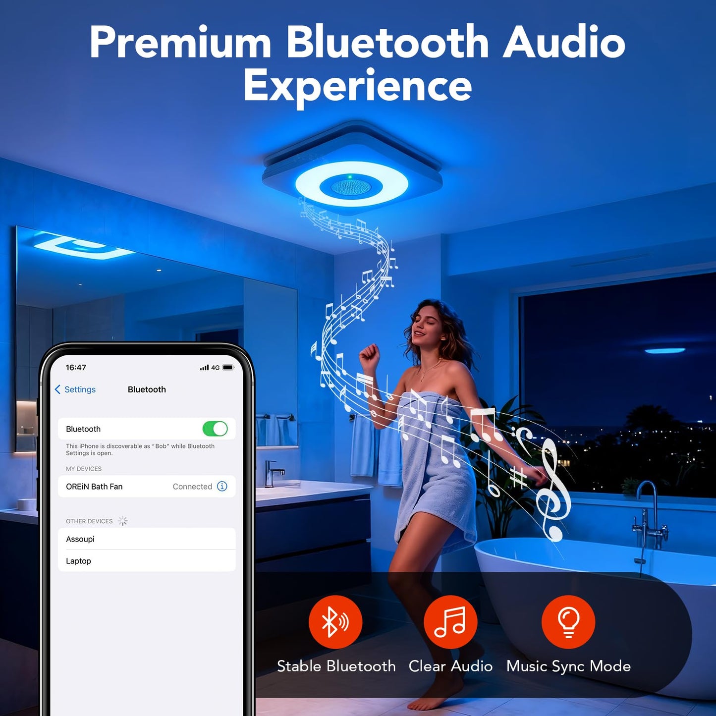 OREiN 3-in-1 Bathroom Exhaust Fan with Bluetooth Speaker & LED Light, 110/160 CFM Quiet Ventilation Fan, 1500LM, 2700K-6500K Adjustable, Night Light, Remote Control, 11.39" x 10.42" Ceiling Cut-Out
