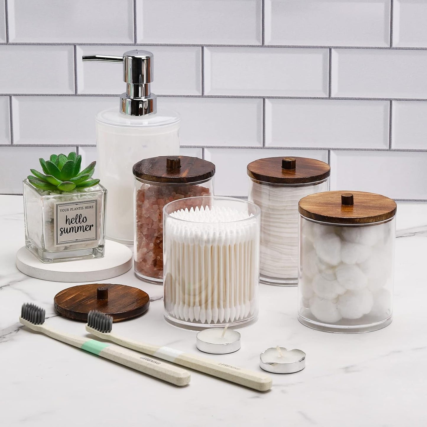 Tbestmax Qtip Holder Dispenser - 4 Pack Clear Plastic Apothecary Jars with Brown Wood Lids | 12oz & 10oz