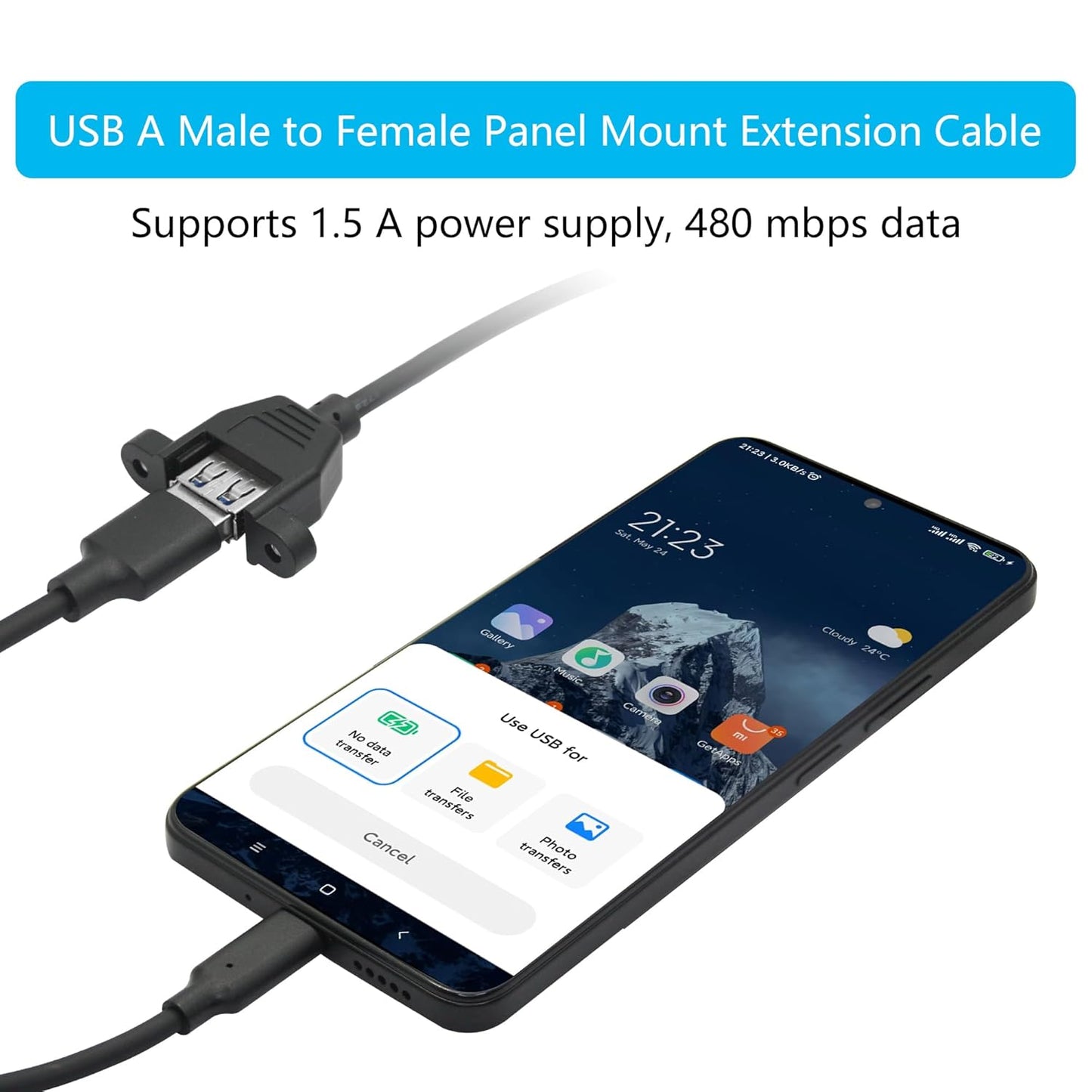 2Pcs 2.0 1FT, USB Panel Mount Extension Cable USB Type A Male to Female with Ears Can Fixed Charging and Data