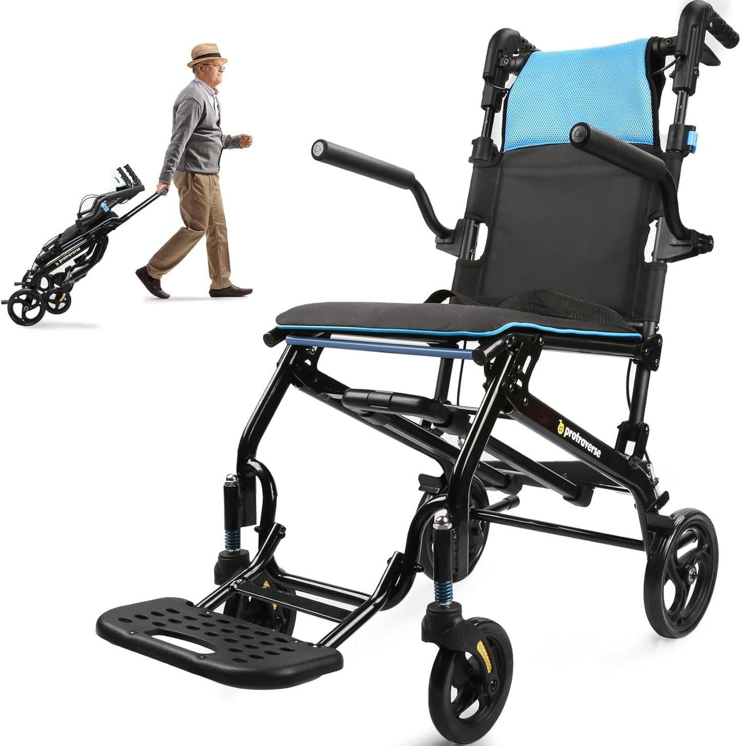 Wheelchairs for Adults,Utral-Lightweight(only 19.4lbs) Transport Chair, Foldable and PortableTravel Wheelchair with Telescopic Handle,Portable Folding Transfer Wheelchairs for Elderly,Blue