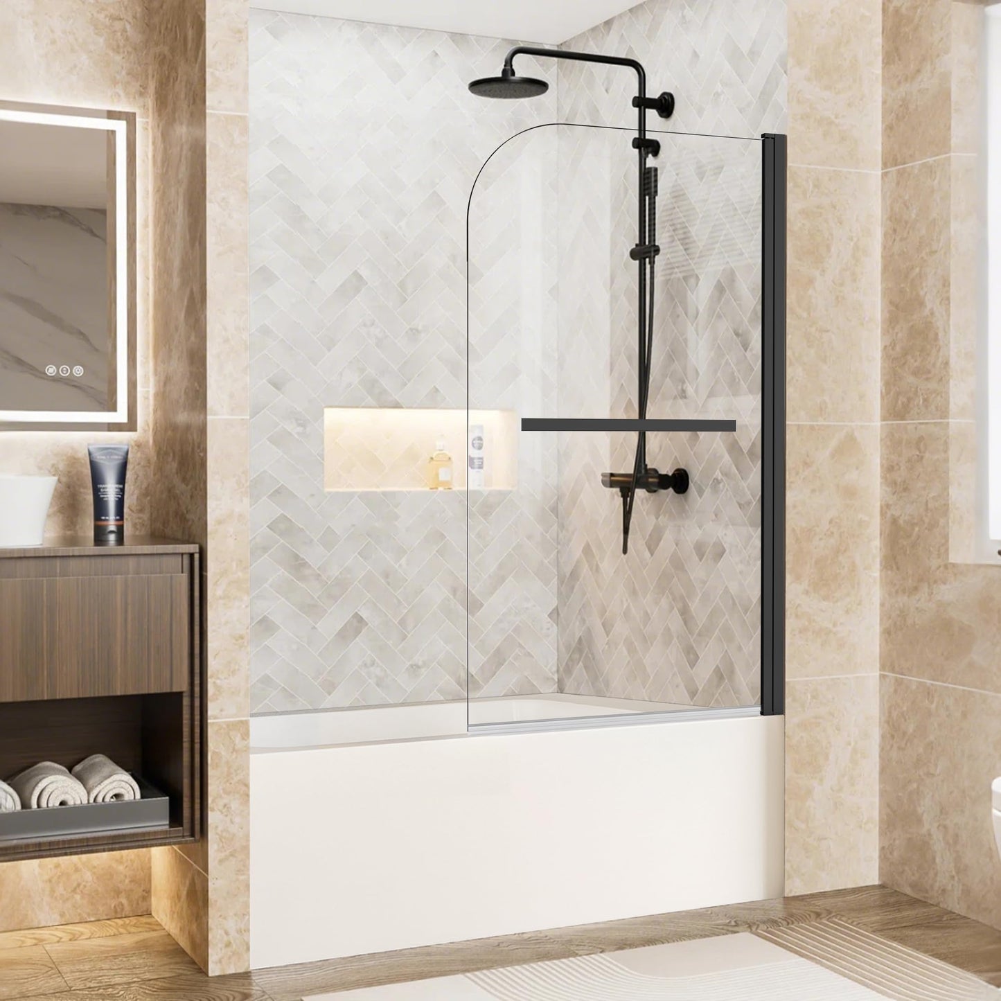 Bathtub Shower Door, 34" W x 58" H Hinged Bathtub Glass Door Semi-Frameless Bypass 1/4"(6mm) Tempered Glass Shower Door with Explosion-Proof Film Stainless Steel Matte Black