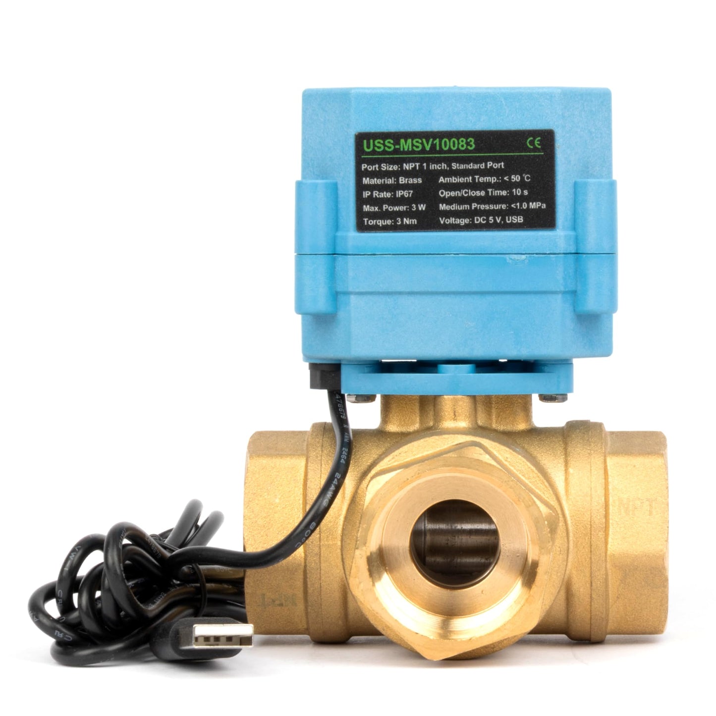 Motorized Ball Valve 1 in NPT U.S. Solid 3 Way Brass WiFi Smart Electric Valve USB Powered with LED Status Indicator and Flow Direction Window