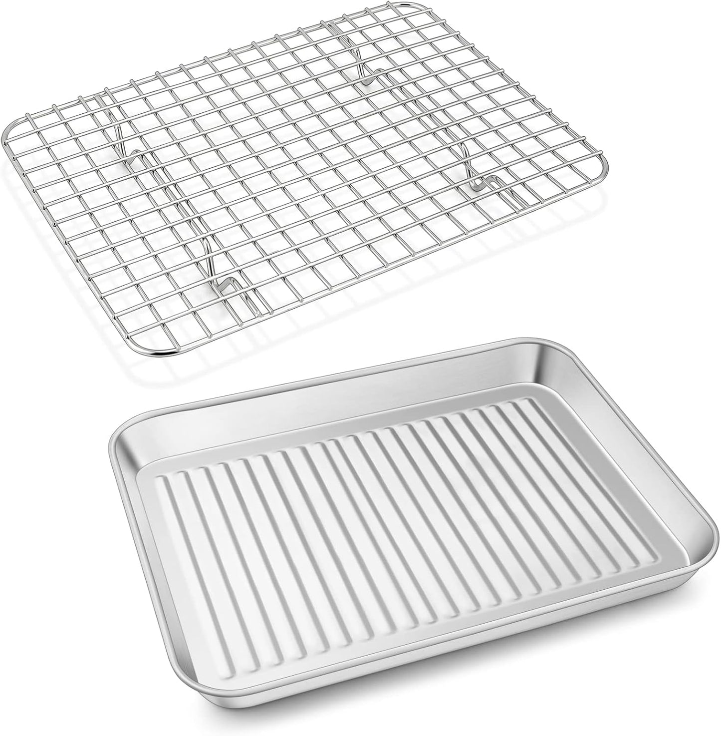 P&P CHEF Baking Oven Pan - Stainless Steel Sheet Tray with Wire Rack | Dishwasher Safe, 10.5 x 8 x 1 Inch
