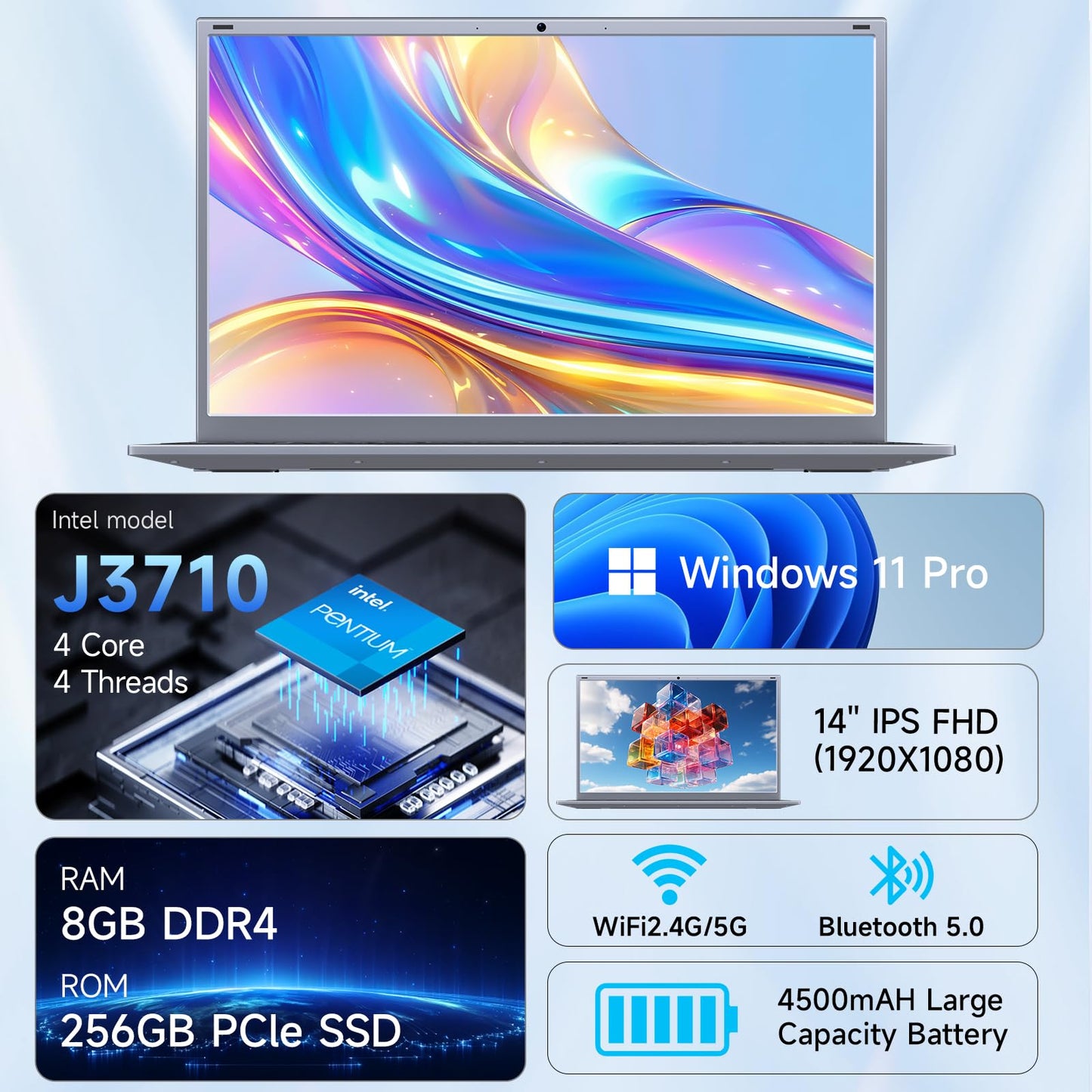 BLUEING Laptop Computer, 8GB RAM 256GB SSD Laptop, Pentium Quad-Core Processor(Up to 2.64GHz), 14-Inch 1080P FHD IPS, Wi-Fi 5, BT5.0, Win 11, Laptops for Students, Lightweight