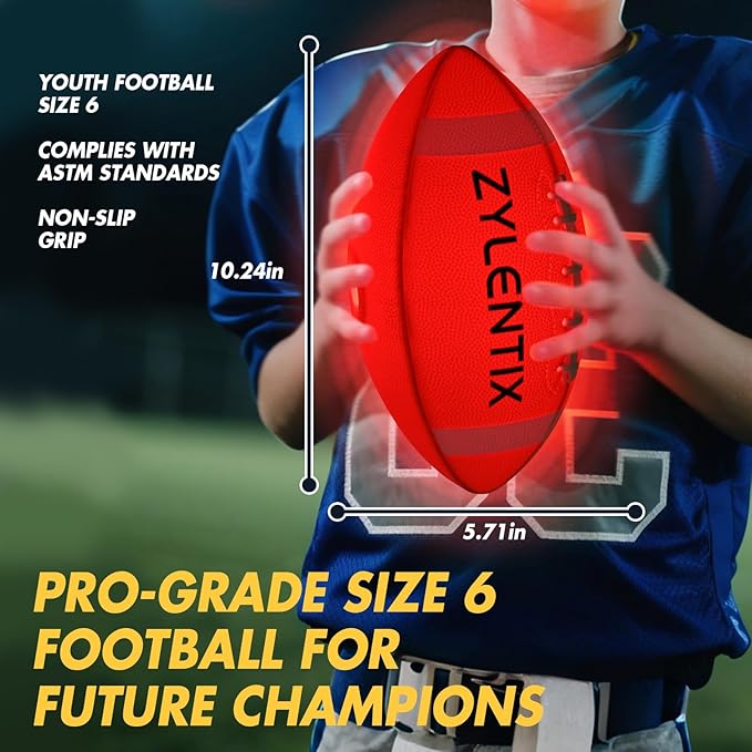 USB-C Rechargeable Light Up Football | Glow in The Dark LED Ball | Size 6 Pro Grip for Night Games | Outdoor & Backyard Sports Toy | Birthday Gifts for Boys Ages 6-15