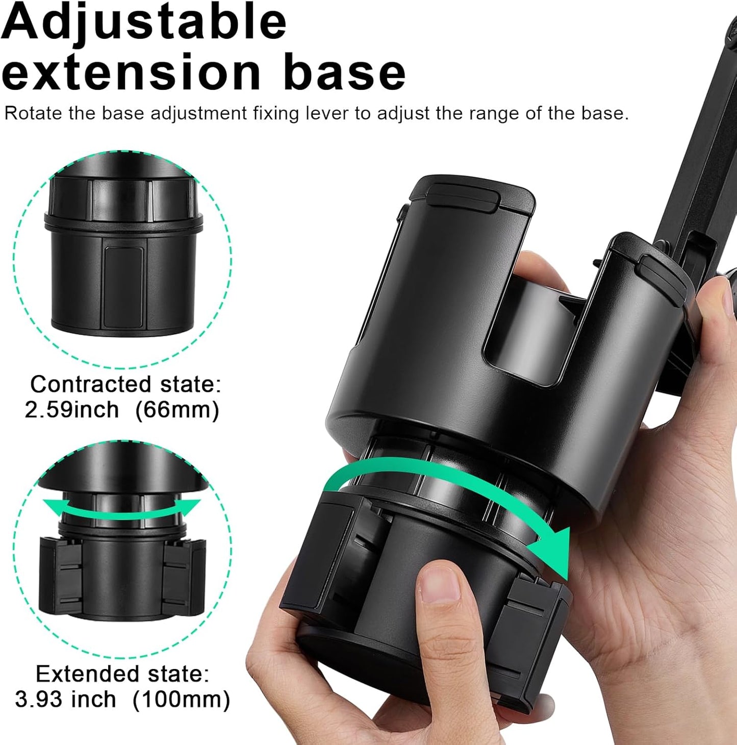 2-in-1 360 17 4.13", 3.78" This Hill Car Cup Holder Expander with Adjustable Base & Rotating Phone Mount, Compatible