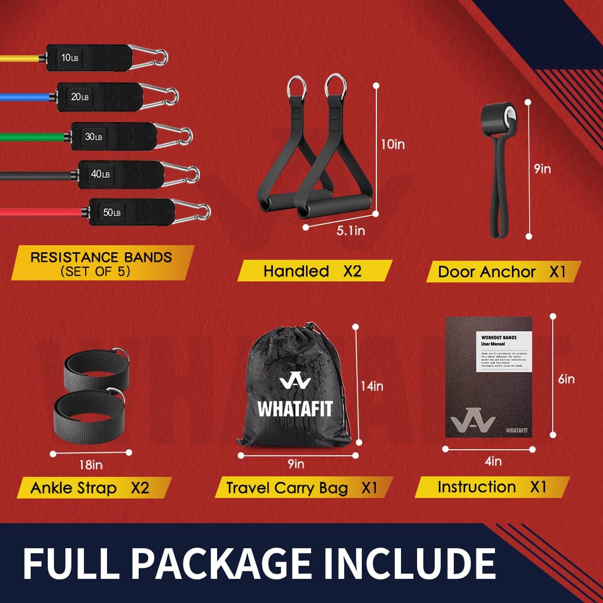 WHATAFIT Resistance Bands,Exercise Bands,Workout Bands with Handles,Door Anchor and Ankle Straps,5 Resistance Levels Fitness Bands,for Strength,Training, Physical Therapy, and Home Gym Equipment