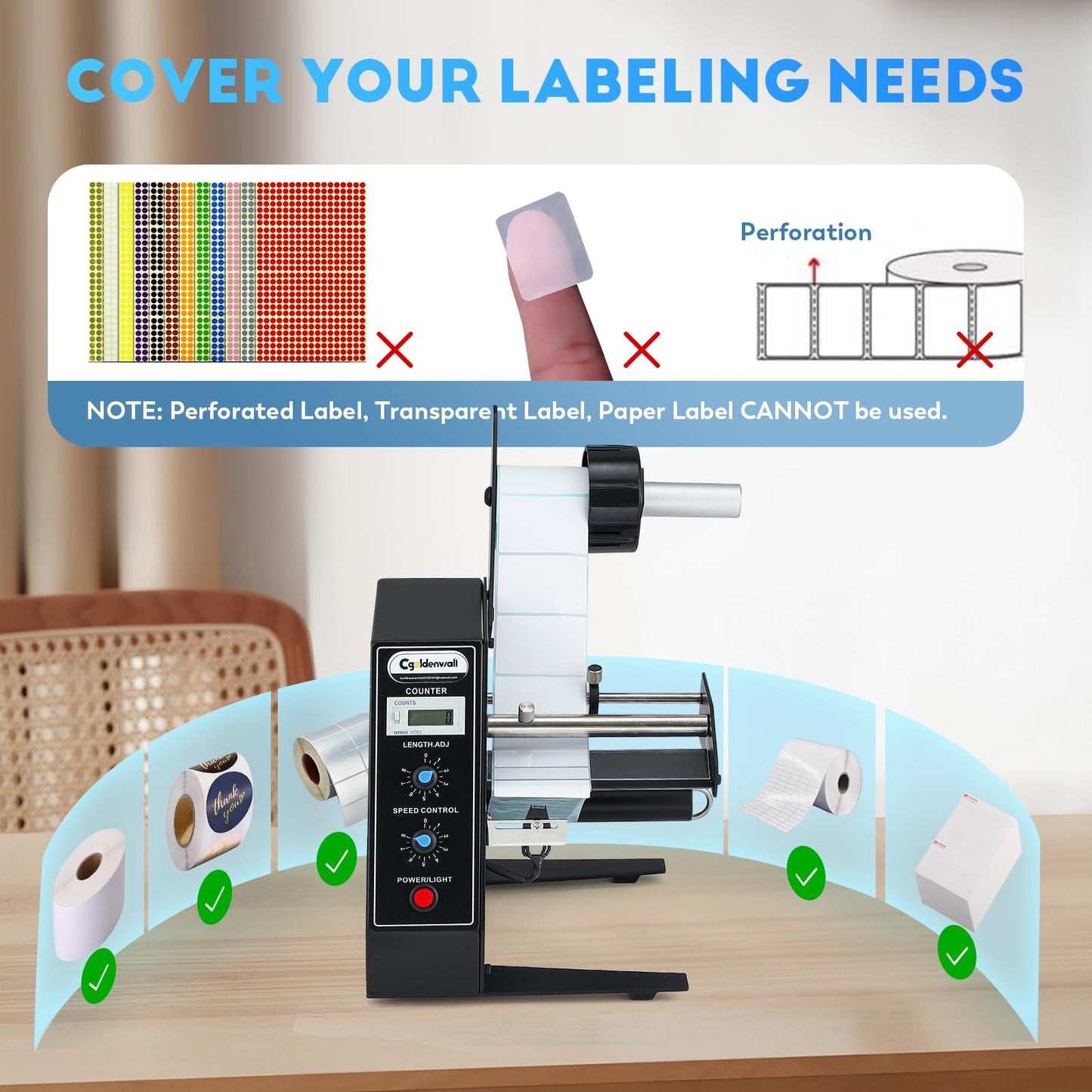 CGOLDENWALL Automatic Label Dispenser Sticker Roll Dispenser for Logistics Office Home, 1-8m/min Speed Adjustable, Length 0.12-5.9" Width 0.16-5.5", Auto Sensing&Counting, Max Roll Dia. 9.8"