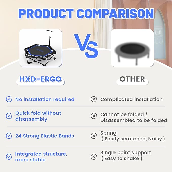 Foldable Mini Trampoline, Rebounder Trampoline with Adjustable Foam Handle, Fitness Trampoline for Indoor, Outdoor, Home Gym, Max Load 460lbs