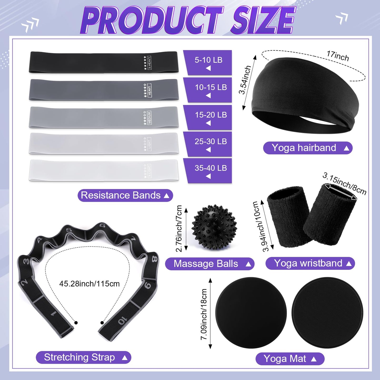 Poen 18 Pcs Home Pilates Ball and Ring Circle Set Yoga Fitness Essentials Kit with 5 Resistance Band Stretching Strap Non Slip Sock Ball Core Slider Wristband Headband Gym Bag for Women, Black