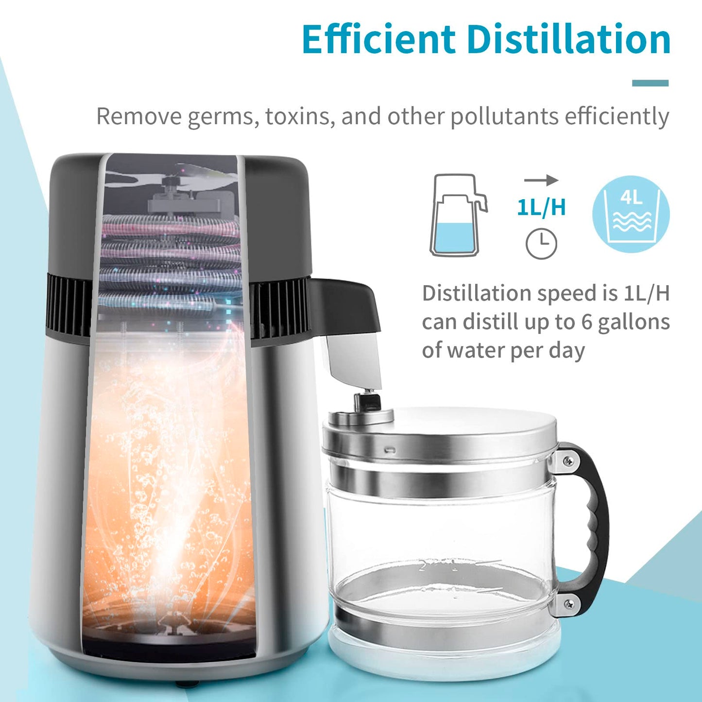 Bonnlo 1.1 Gallon/4L Water Distiller Stainless Steel with Glass Container, 750W Distilled Water Machine Maker Water Distillers for Home Countertop, 1L/H (Silver)