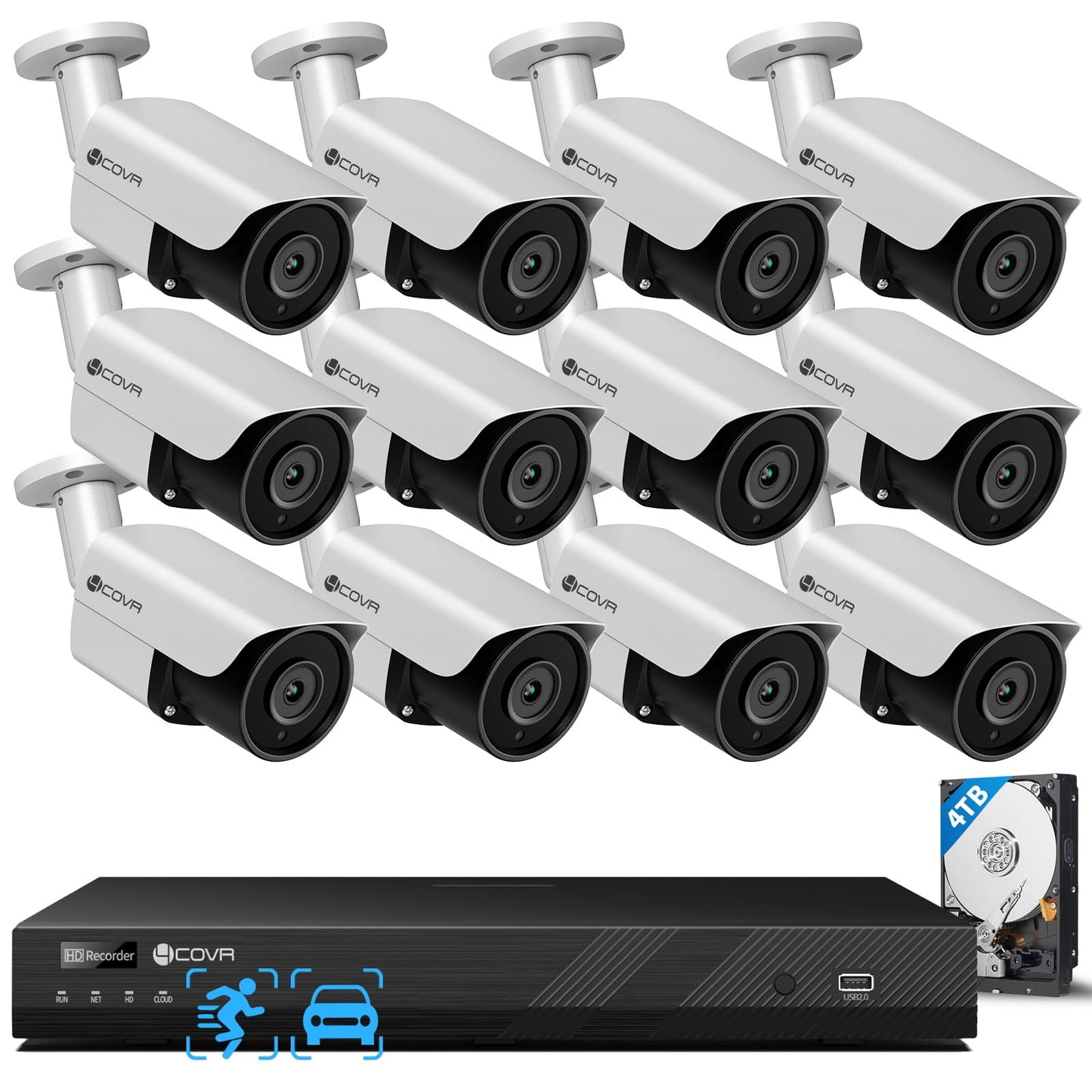 4COVR 16 Channel PoE Security Camera System, AI Human/Vehicle Detection, 16CH 4K NVR 4TB HDD, 12Pcs 8MP Wired Commercial Bullet IP Camera IP67 Night Vision, Business Surveillance Outdoor, LY37EX8M1612