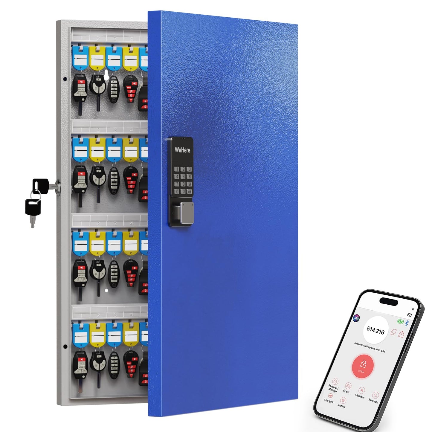 WeHere 96 Key Lock Box, Smart Key Cabinet with Key Management System, App, Bluetooth, Dynamic/Static Password, WiFi Unlock(Sold Separately), Wall-Mount Commercial Key Storage Box for Office, School