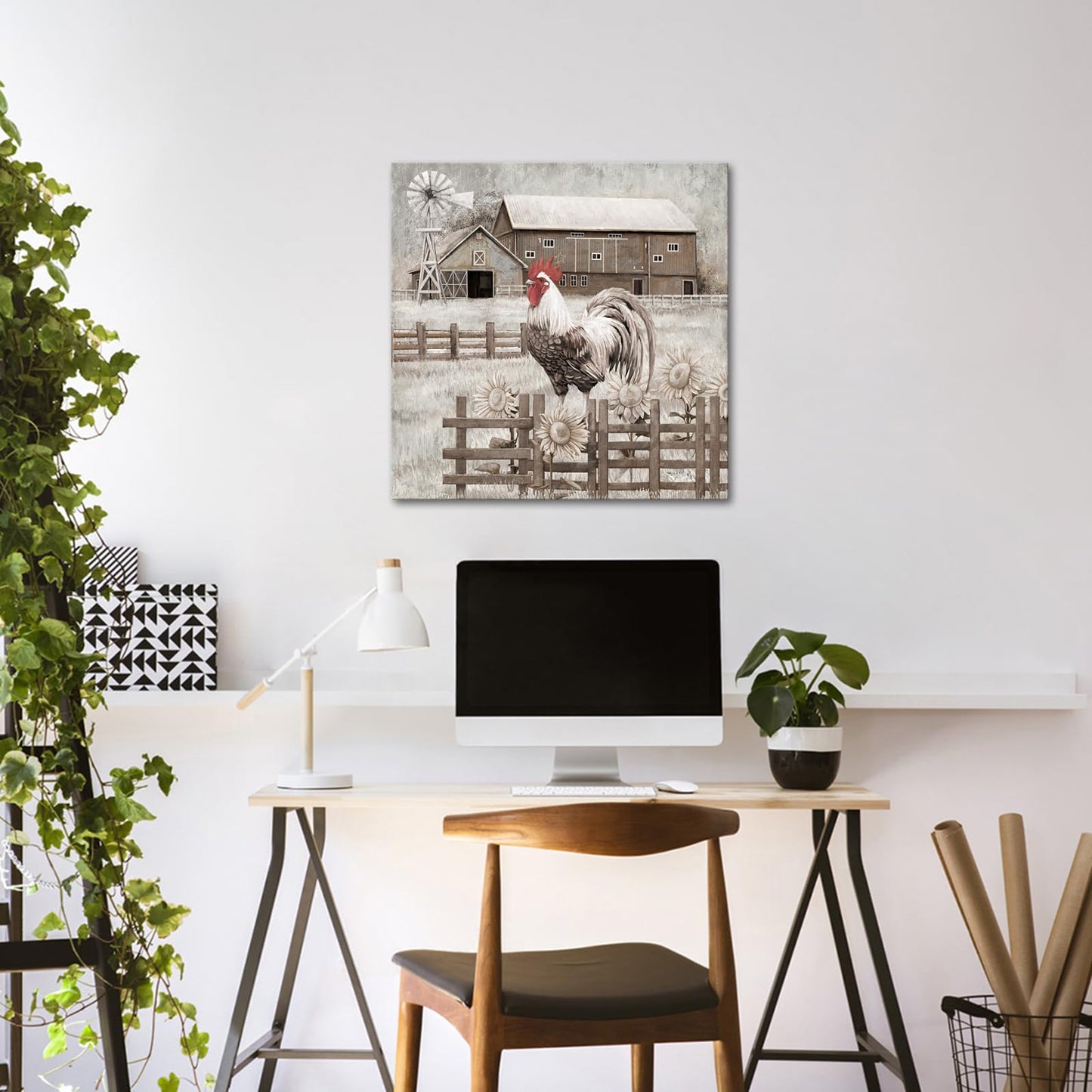 WELMECO Chichen Farmhouse Wall Art Rooster Painting Country Wall Decor Framed Artwork Farm Decor Picture 24x24inch