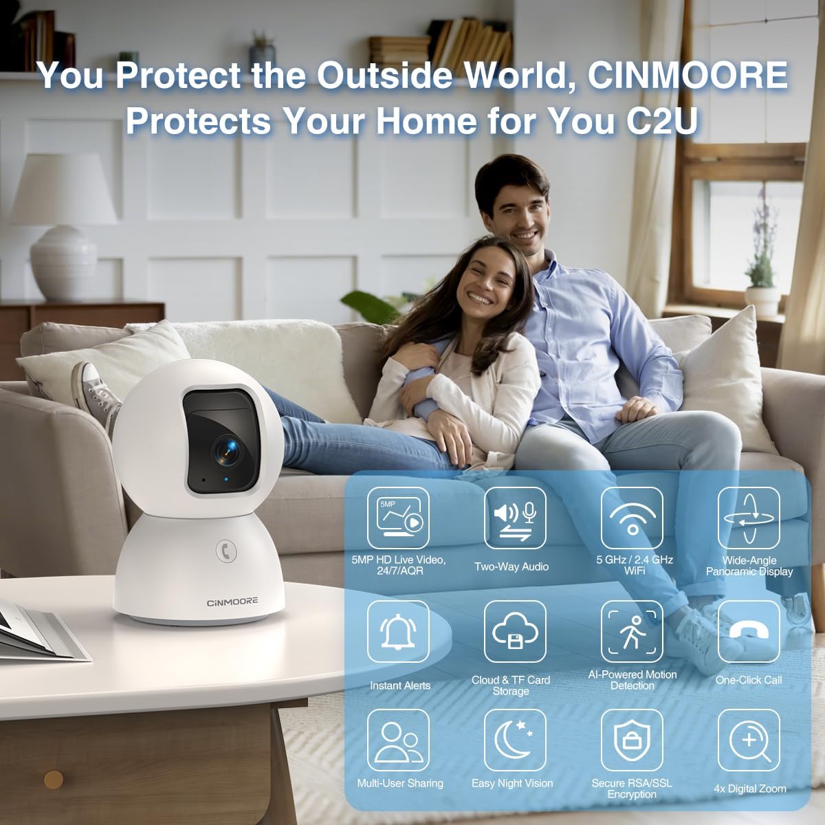 CINMOORE 3K 64GB 5GHz 2.4GHz 6, 360 2-Way Indoor Camera with Card, Human/Pet/Facial AI Detection, Dog/Cat/Pet Camera