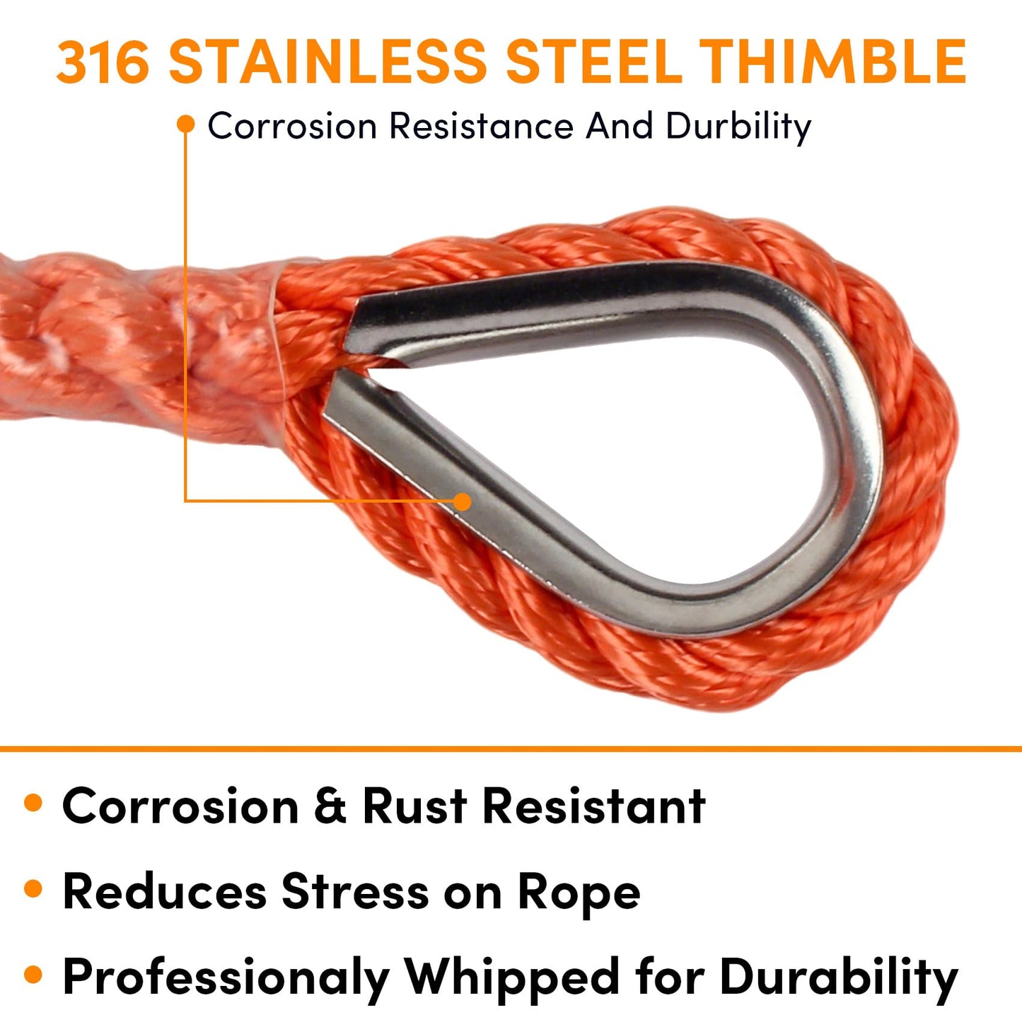 Anchor Rope 50 ft X 1/2 inch, 3-Strand Twisted Nylon Anchor Line, Boat Rope with Stainless Steel Thimble and Shackle for Boating, Anchoring, Mooring,Pulling (Orange)